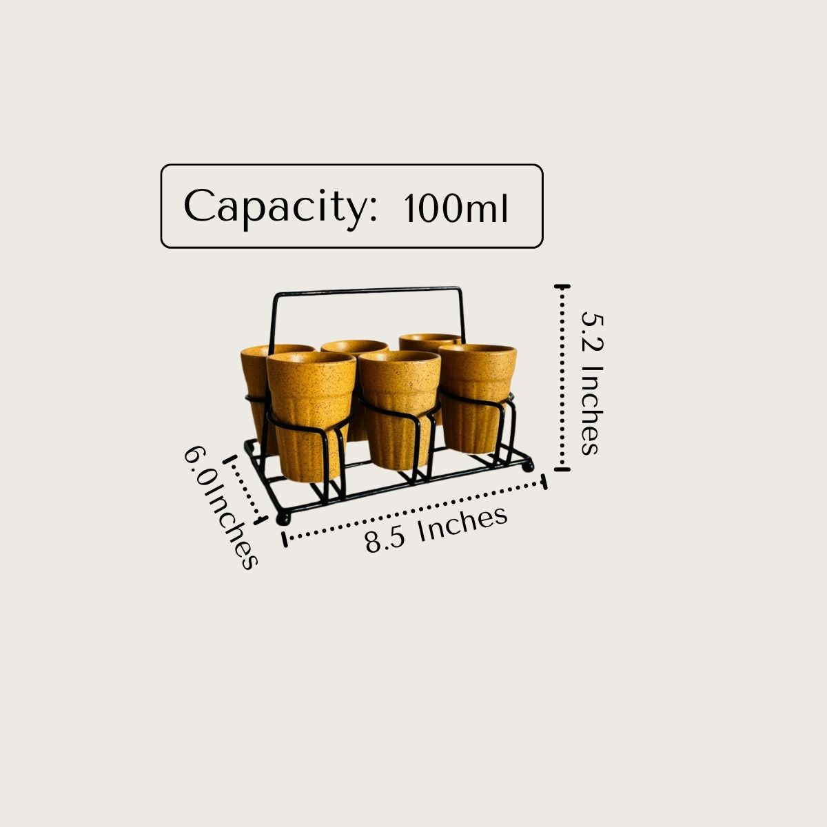 Set of six small brown pots with a black metal stand, dimensions displayed.