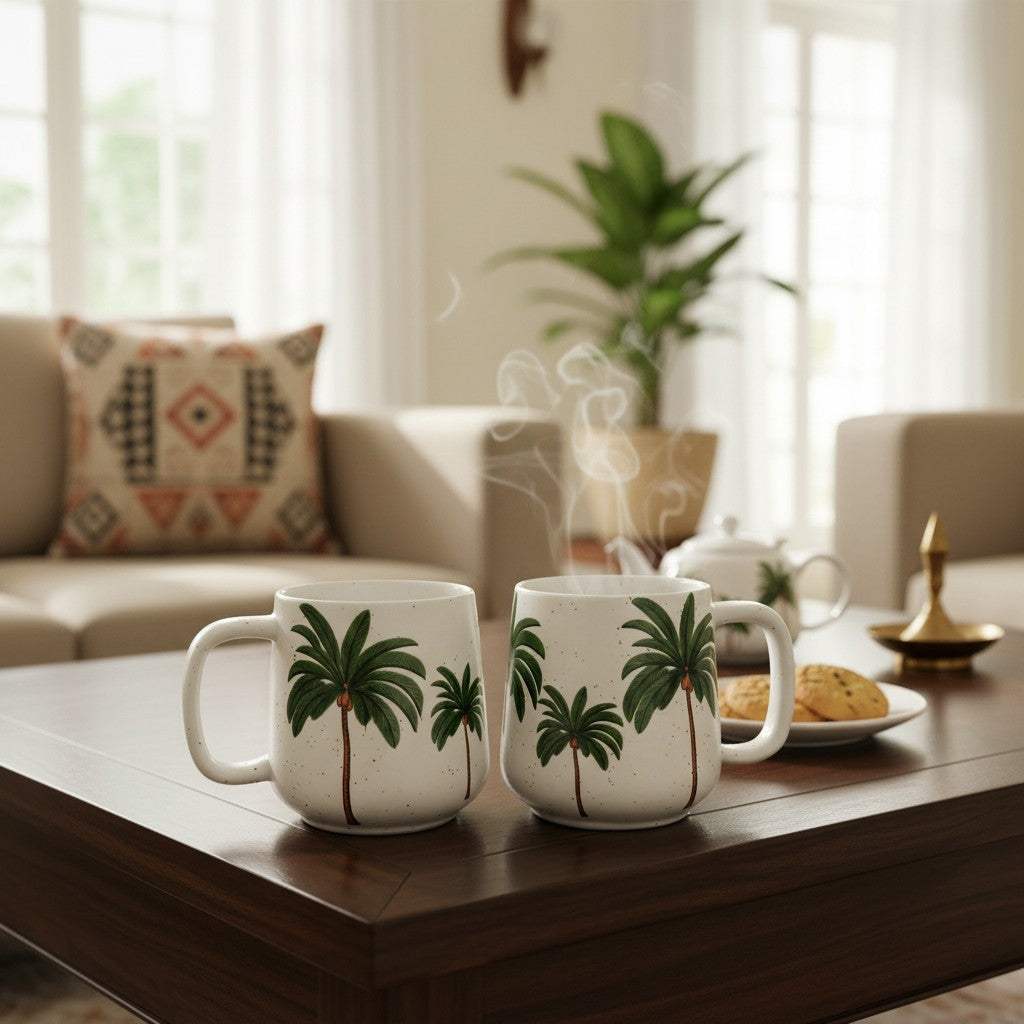 Two 340ml white and green ceramic mugs with a comfortable grip, perfect for morning tea or latte rituals.