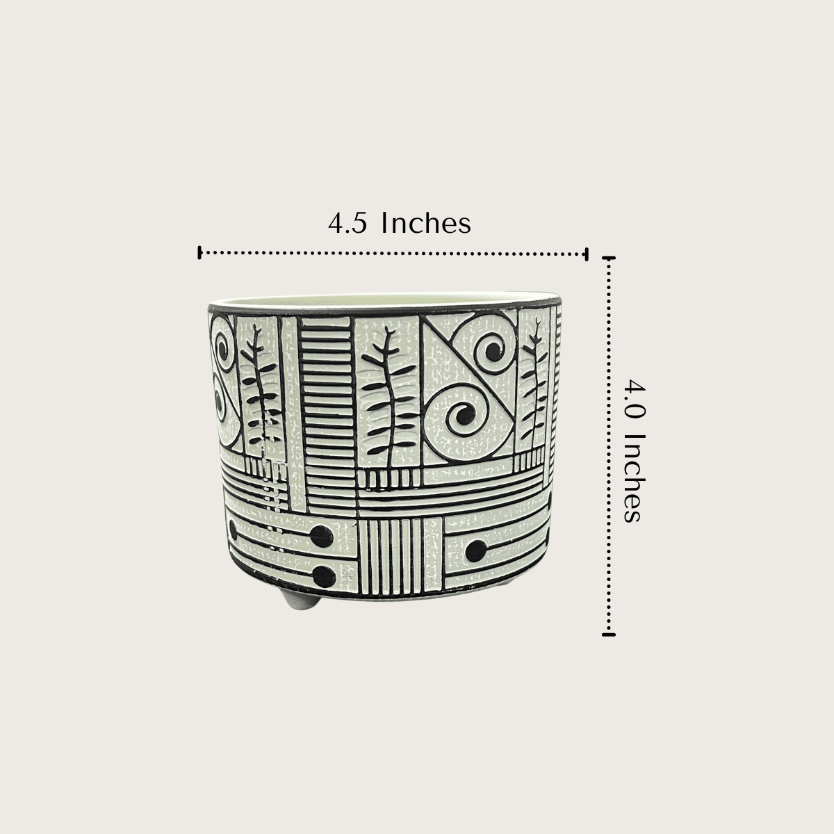 Front view of a 4.5-inch compact tribal ceramic planter showing its uniform height and diameter scale, perfectly sized for windowsills, tabletops, or narrow balcony shelves.