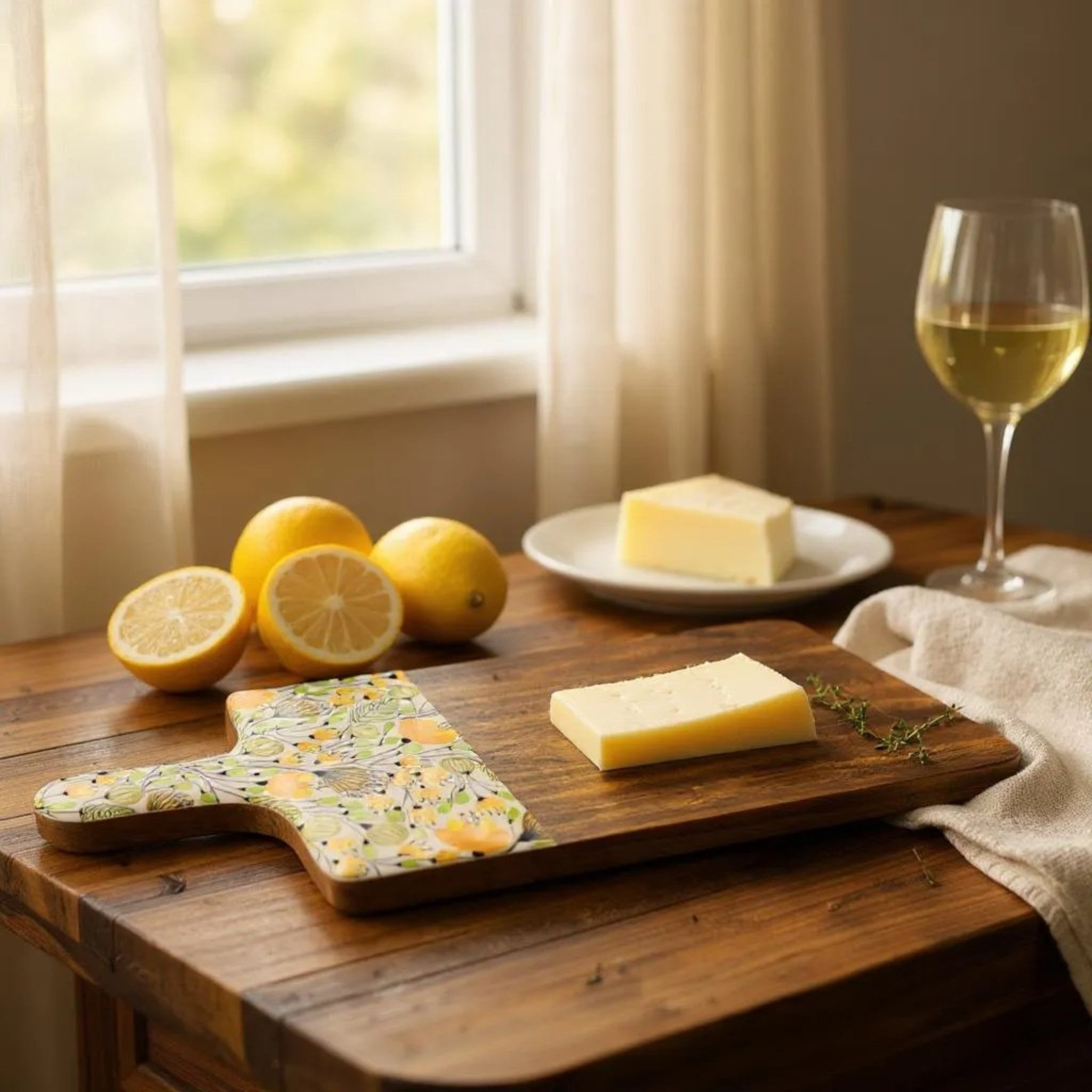 Wooden cutting board with cheese, lemons, and a glass of white wine on a table.