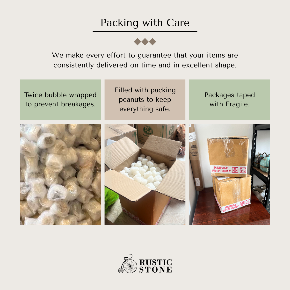 Packing materials and process with Rustic Stone logo
