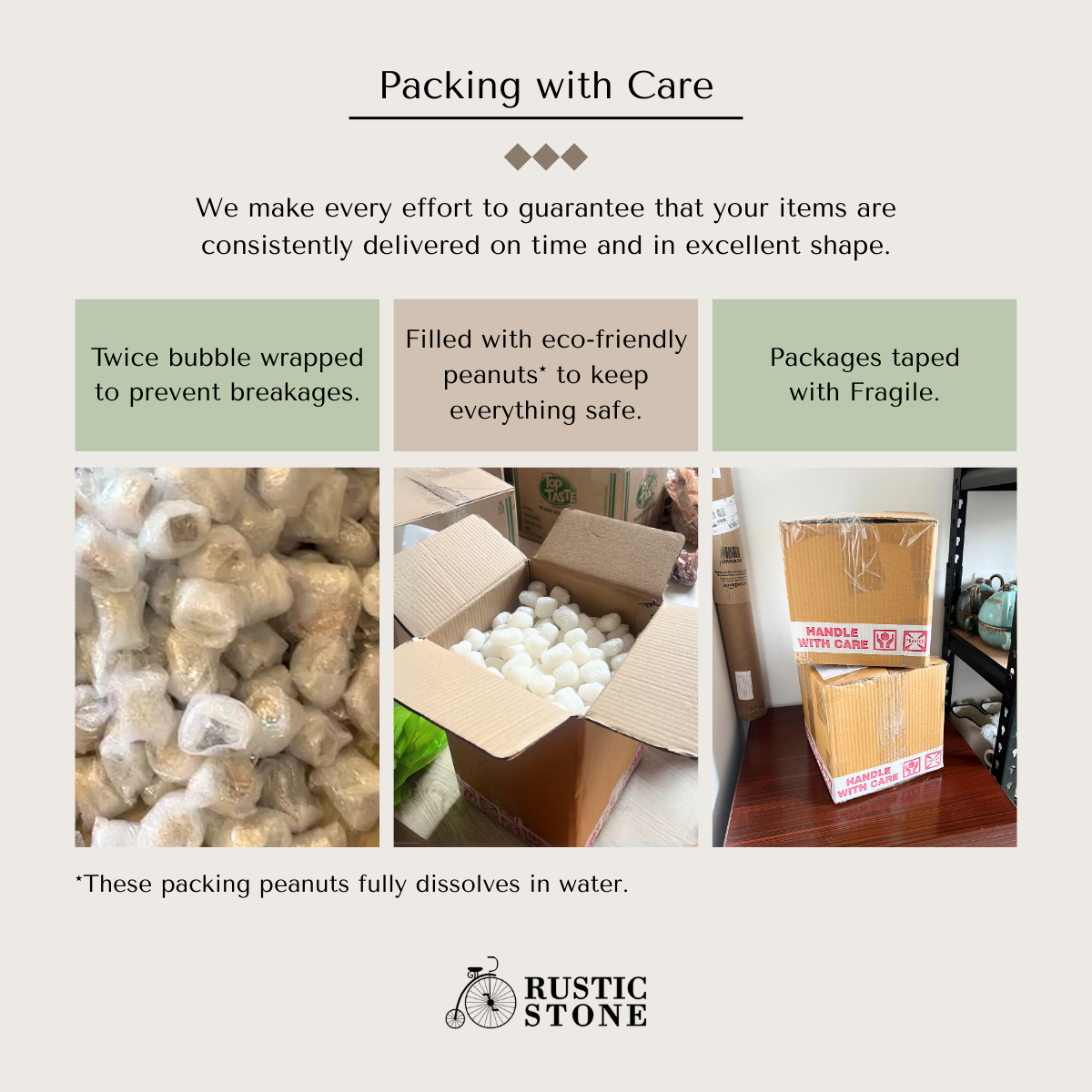 Packing materials and process with Rustic Stone branding