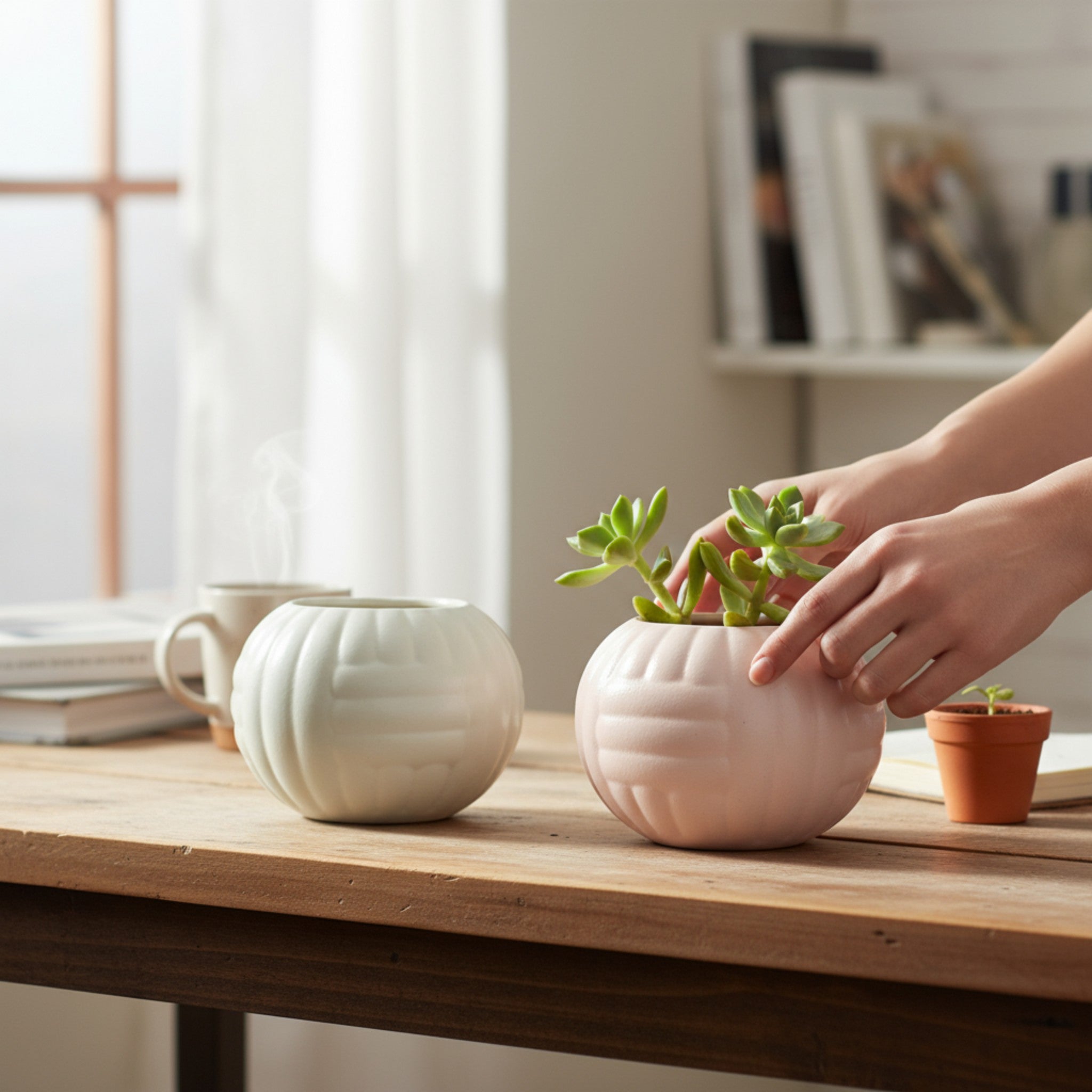 Person arranging a small succulent plant in a pink and white ceramic pot / planter on a wooden table.