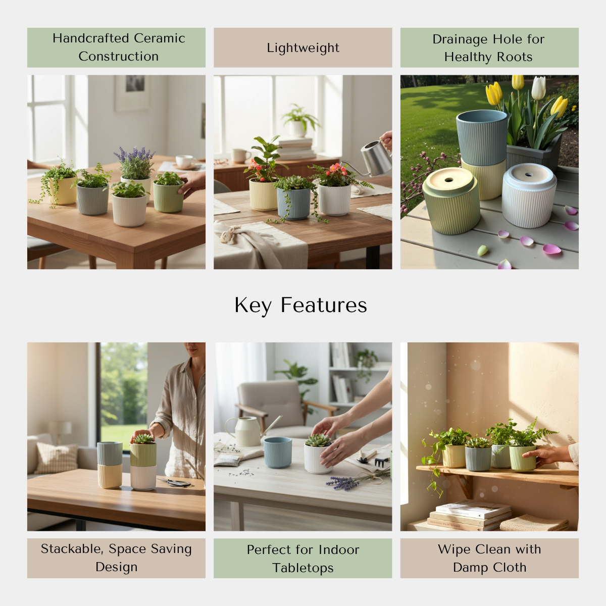 Collage of ceramic planters with features highlighted on a white background