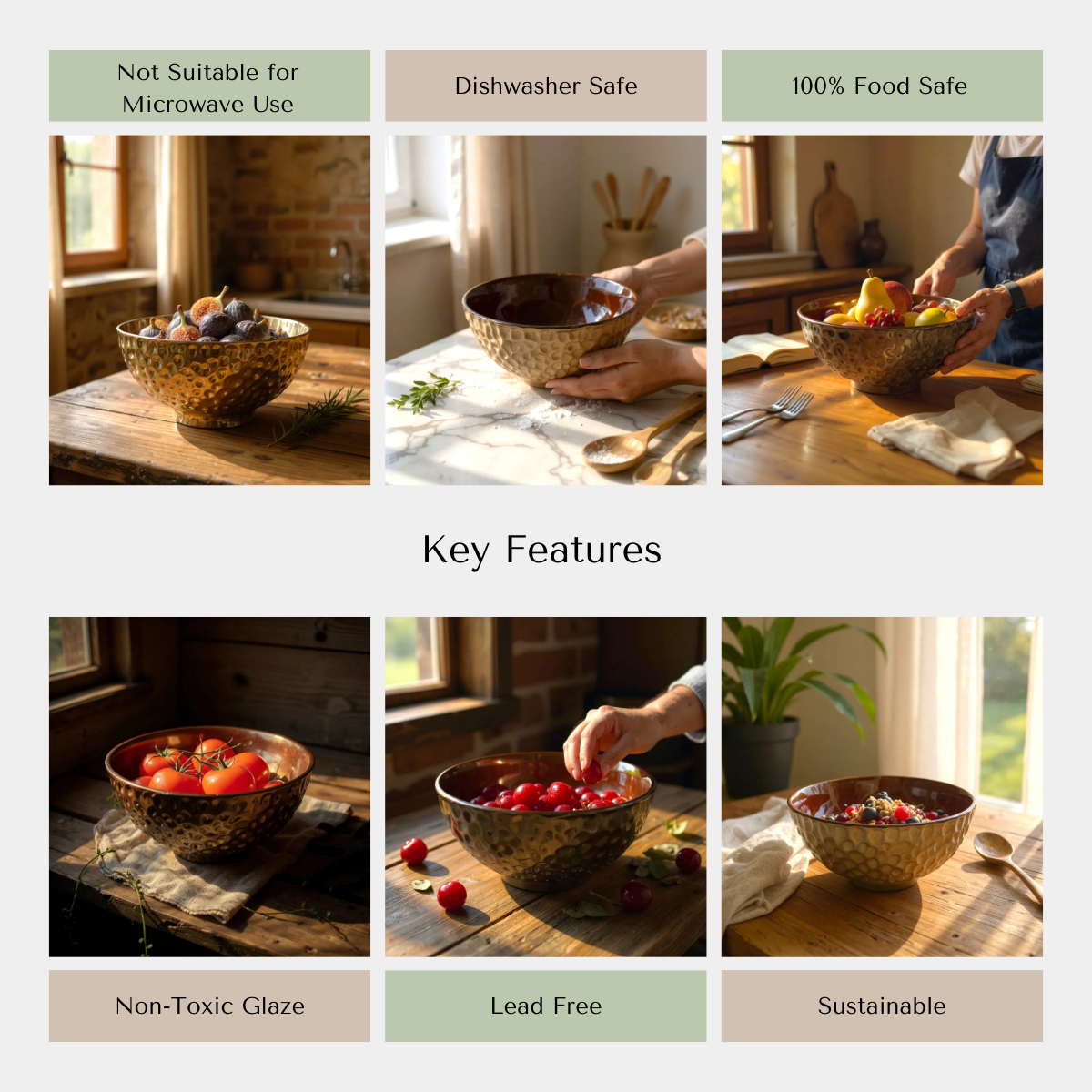 Collage of images showcasing a bowl with key features listed above.