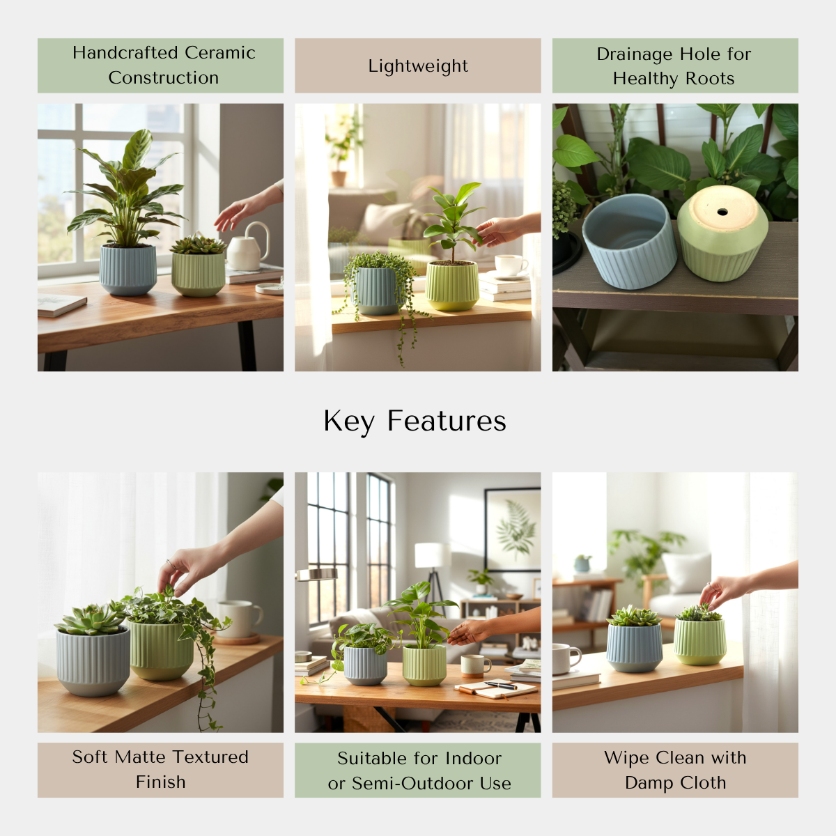 Collage of ceramic plant pots with features highlighted on a white background