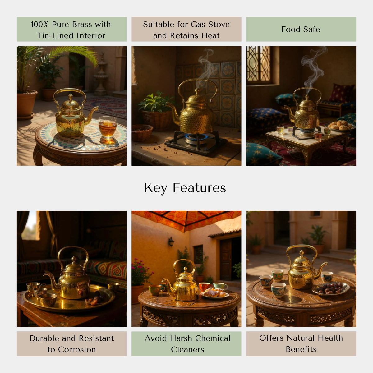 Brass teapot with key features highlighted on a light gray background