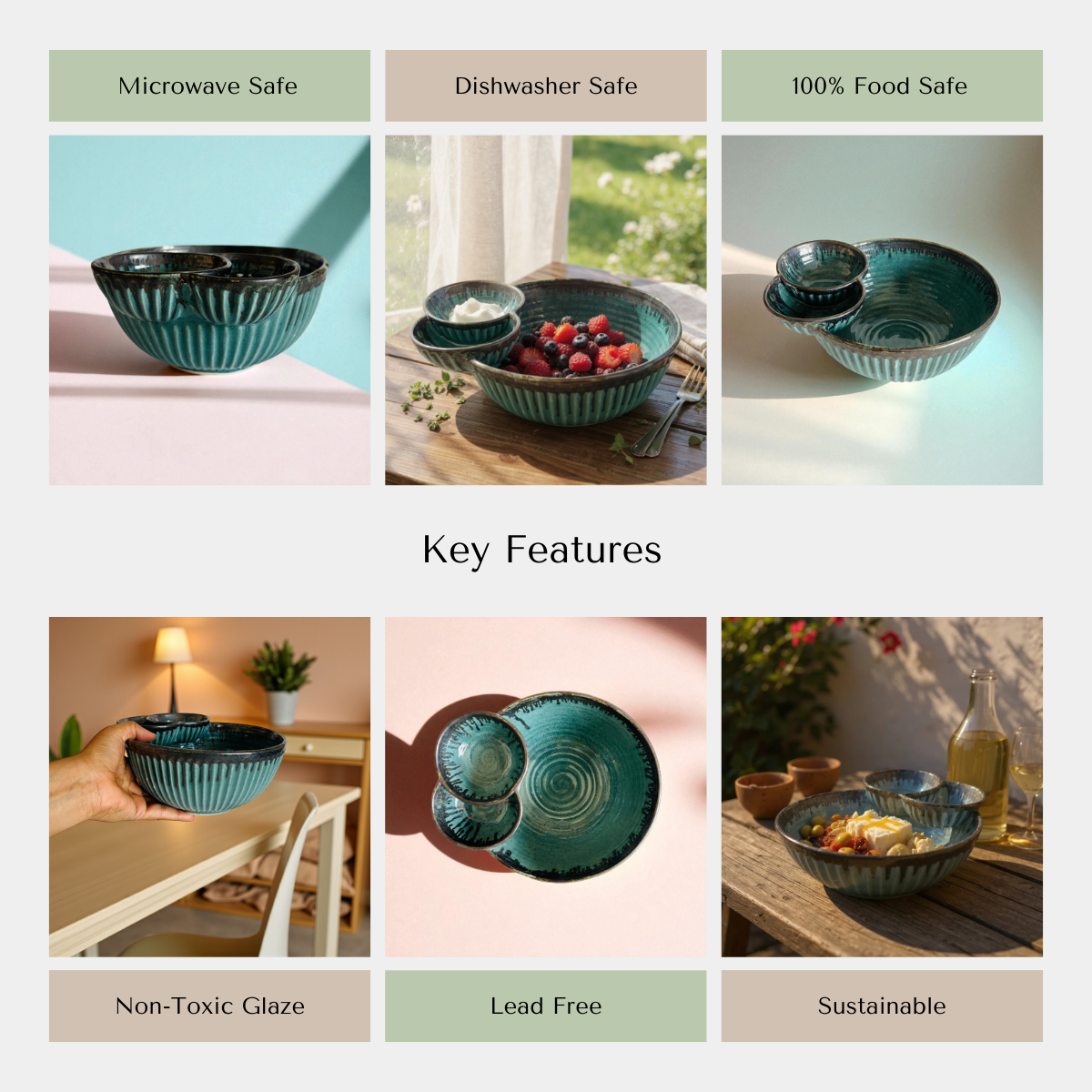 Teal ceramic bowls with various features highlighted on a light background