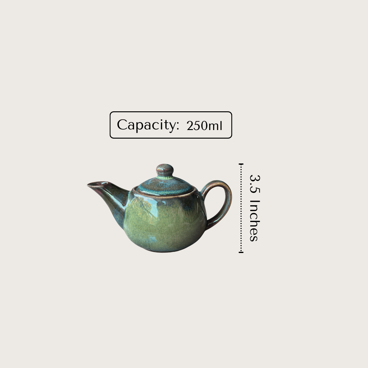 Green ceramic teapot with measurements on a white background