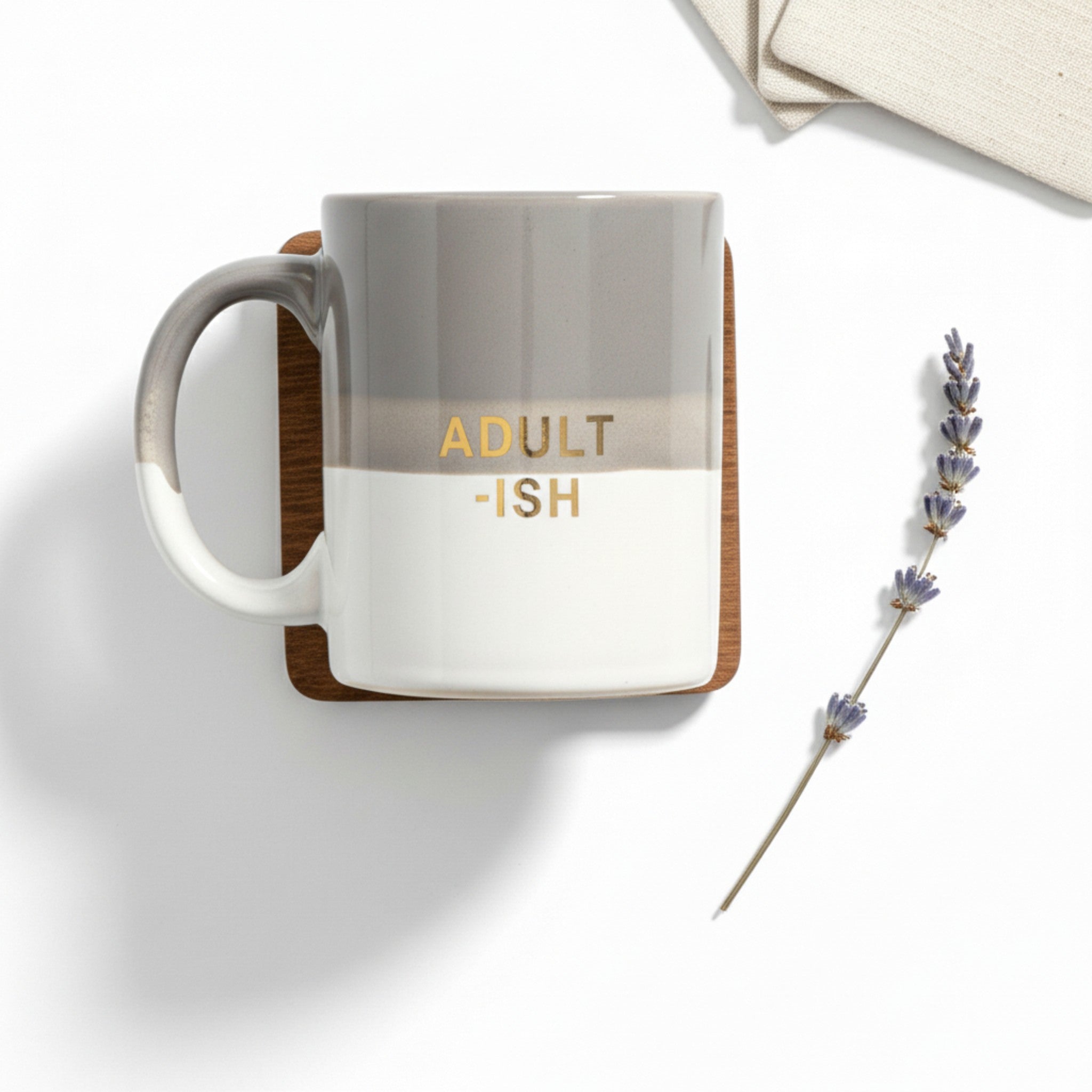 Close-up of the playful Adult-ish font; high-quality print on a durable white grey ceramic glossy finish.