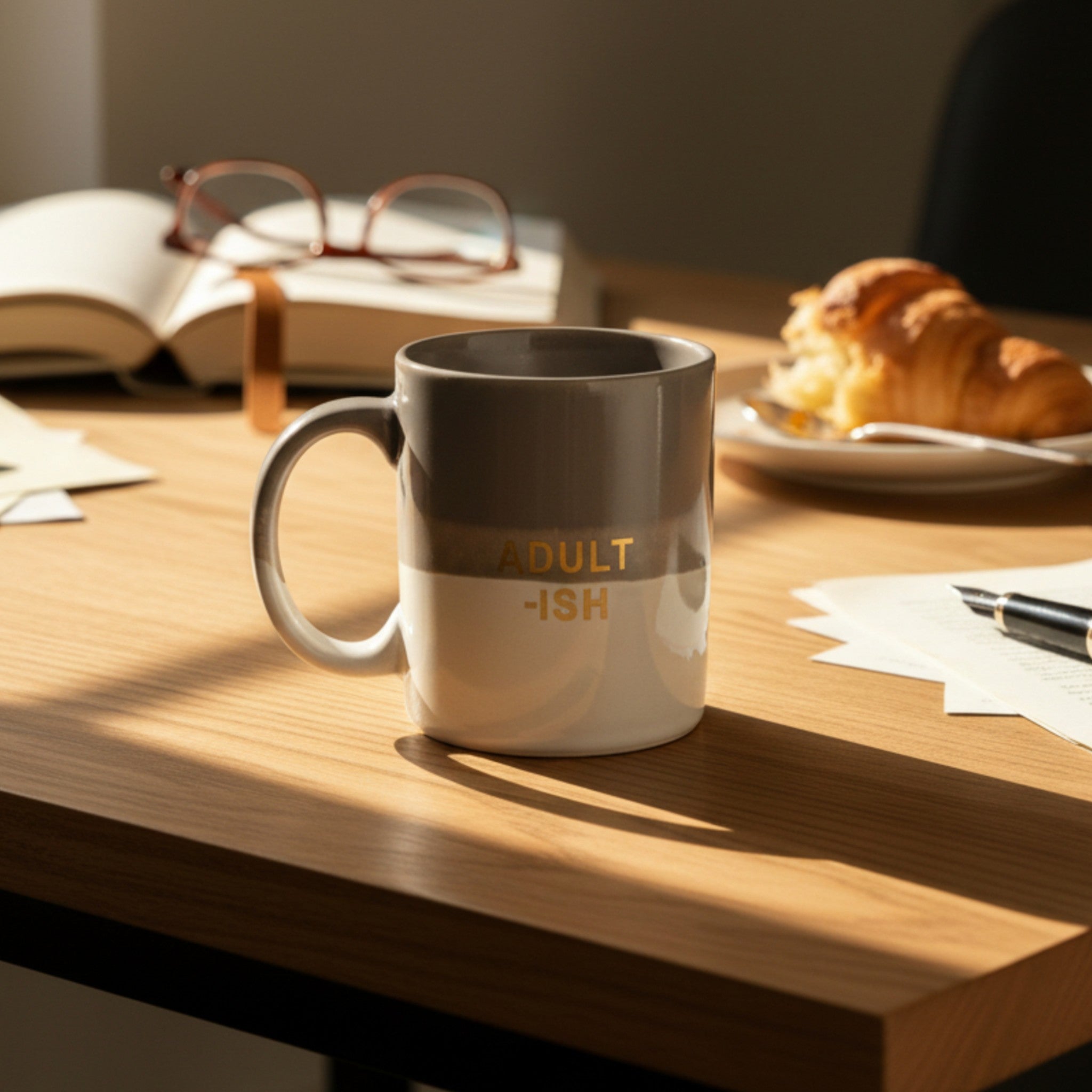 Adult-ish Mug on a breakfast table; Pinterest-worthy relatable home styling and cozy morning vibes.