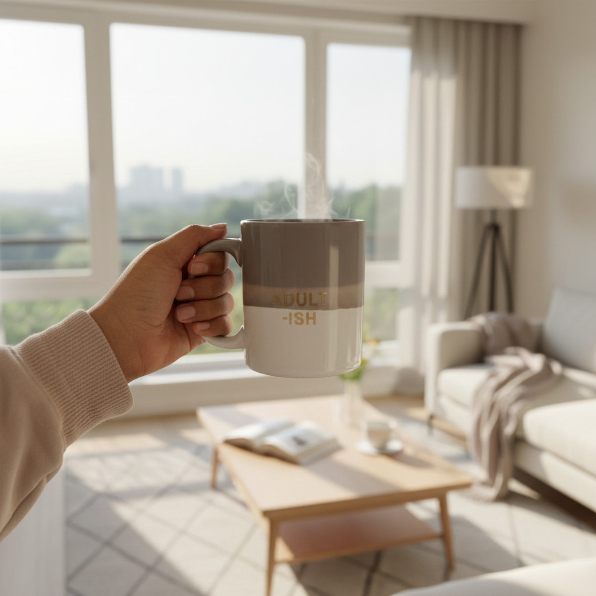 Hand holding Adult-ish Cup in an aesthetic living room; standard 11oz capacity for coffee, tea, or a much-needed glass of wine.