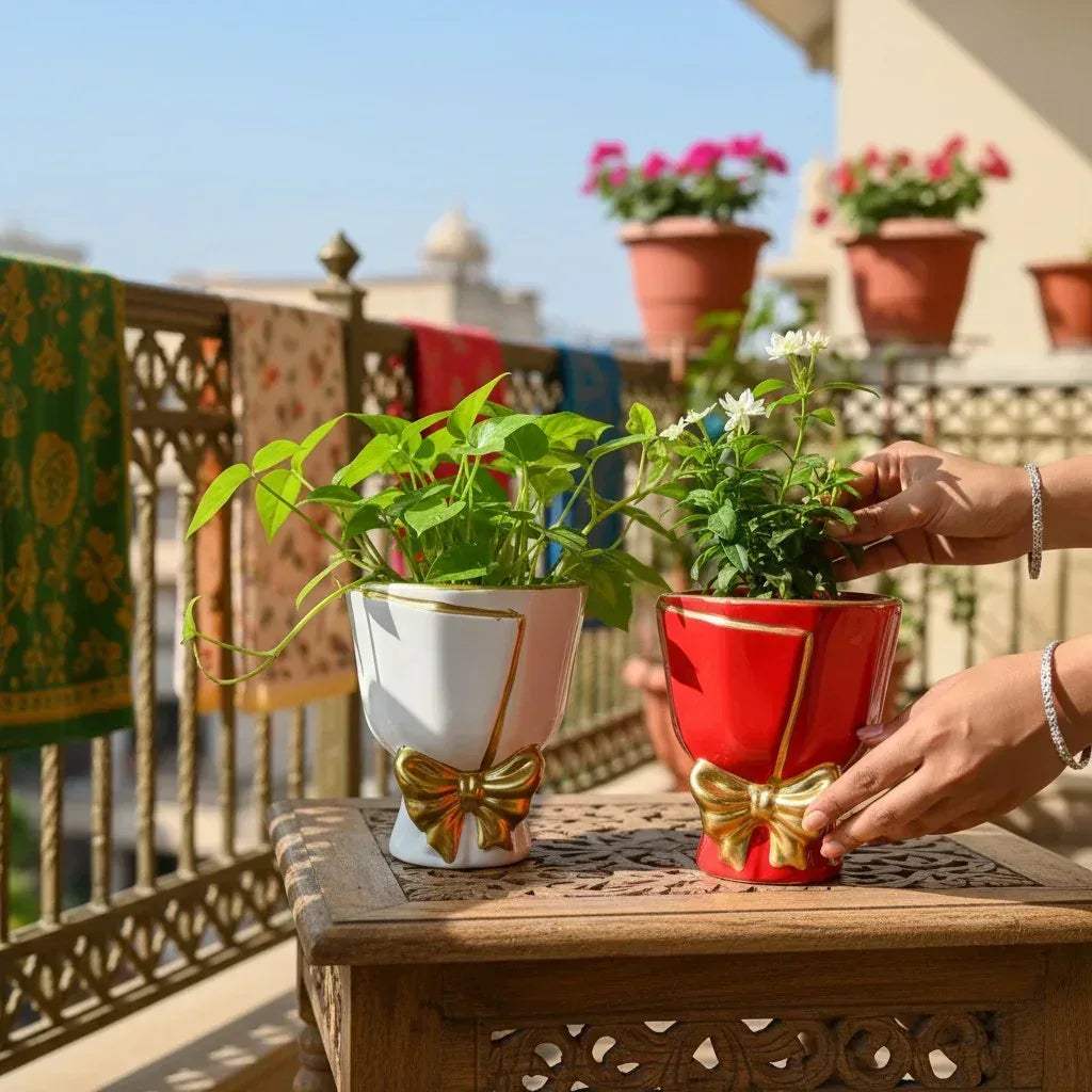 Aesthetic balcony garden; red and white bouquet planters holding trailing succulents on a wooden table.