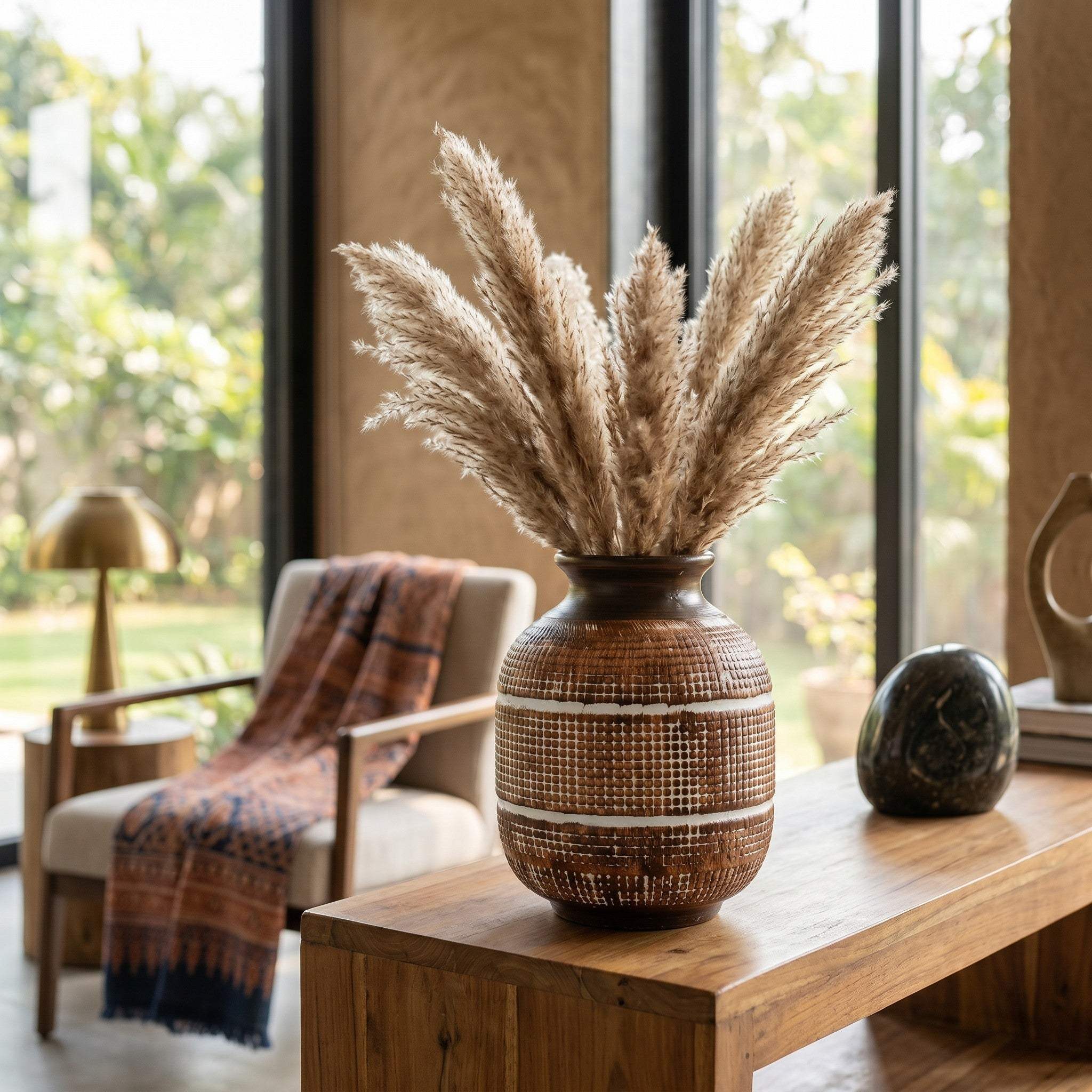 Hand-finished clay brown stoneware vase styled in a sunlit living room corner next to a minimalist linen armchair.