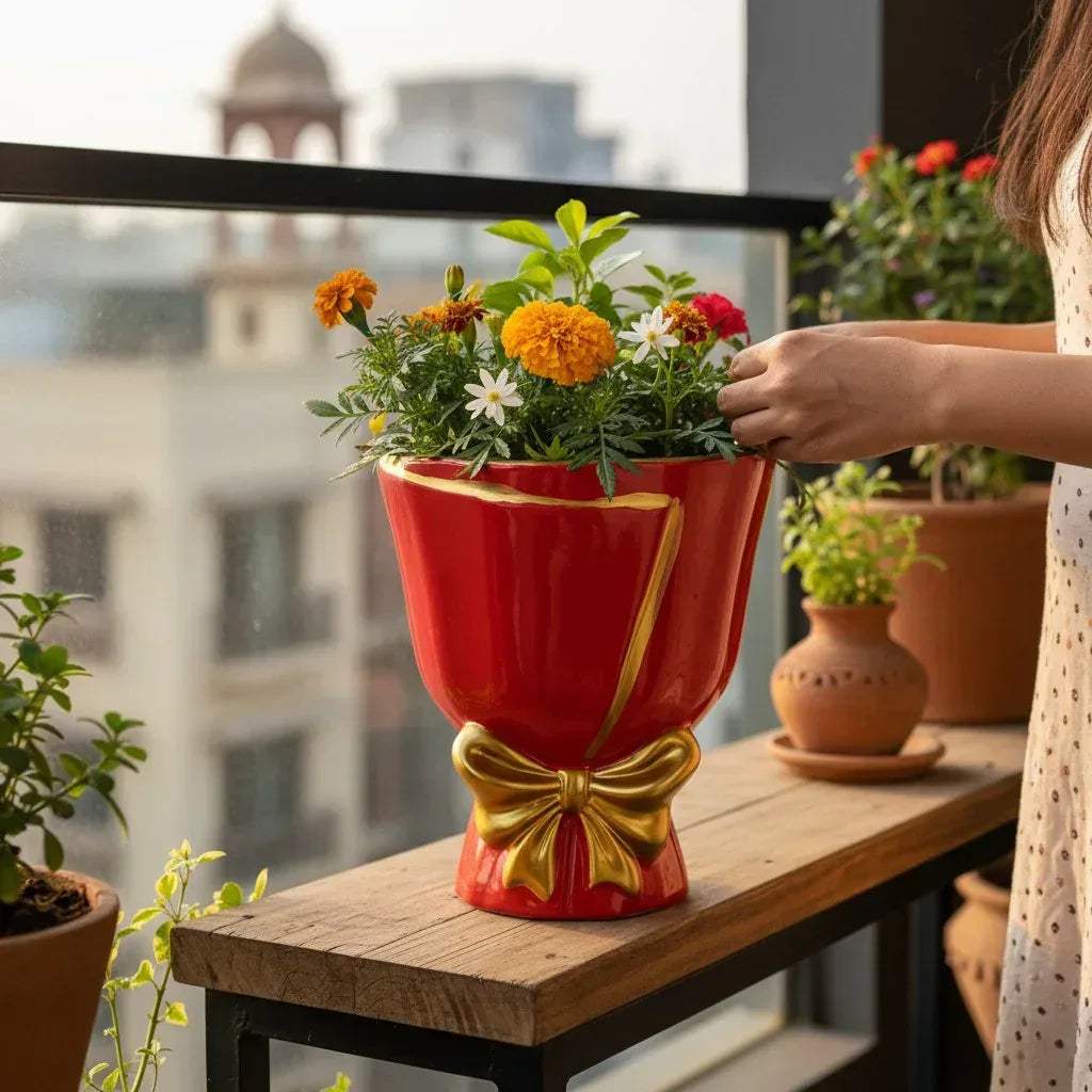 Balcony garden setup; Scarlet Bouquet planter with a marigold plant on a sunny outdoor table.