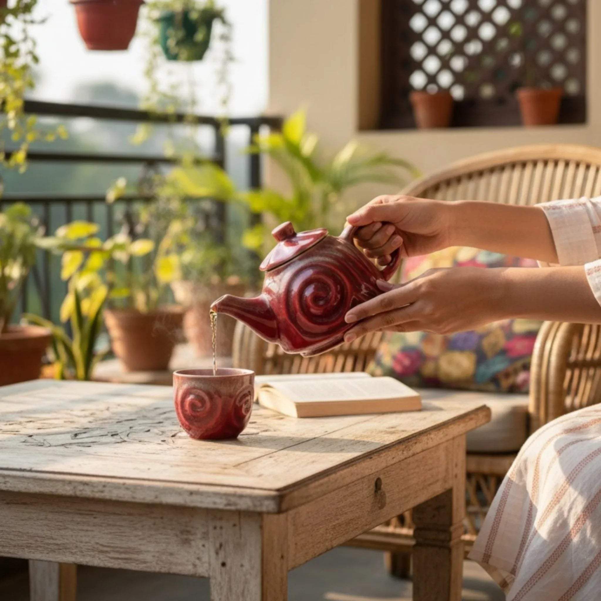 Person pouring tea from the Ruby Swirl Teapot; showcasing the ergonomic handle and elegant spout design.