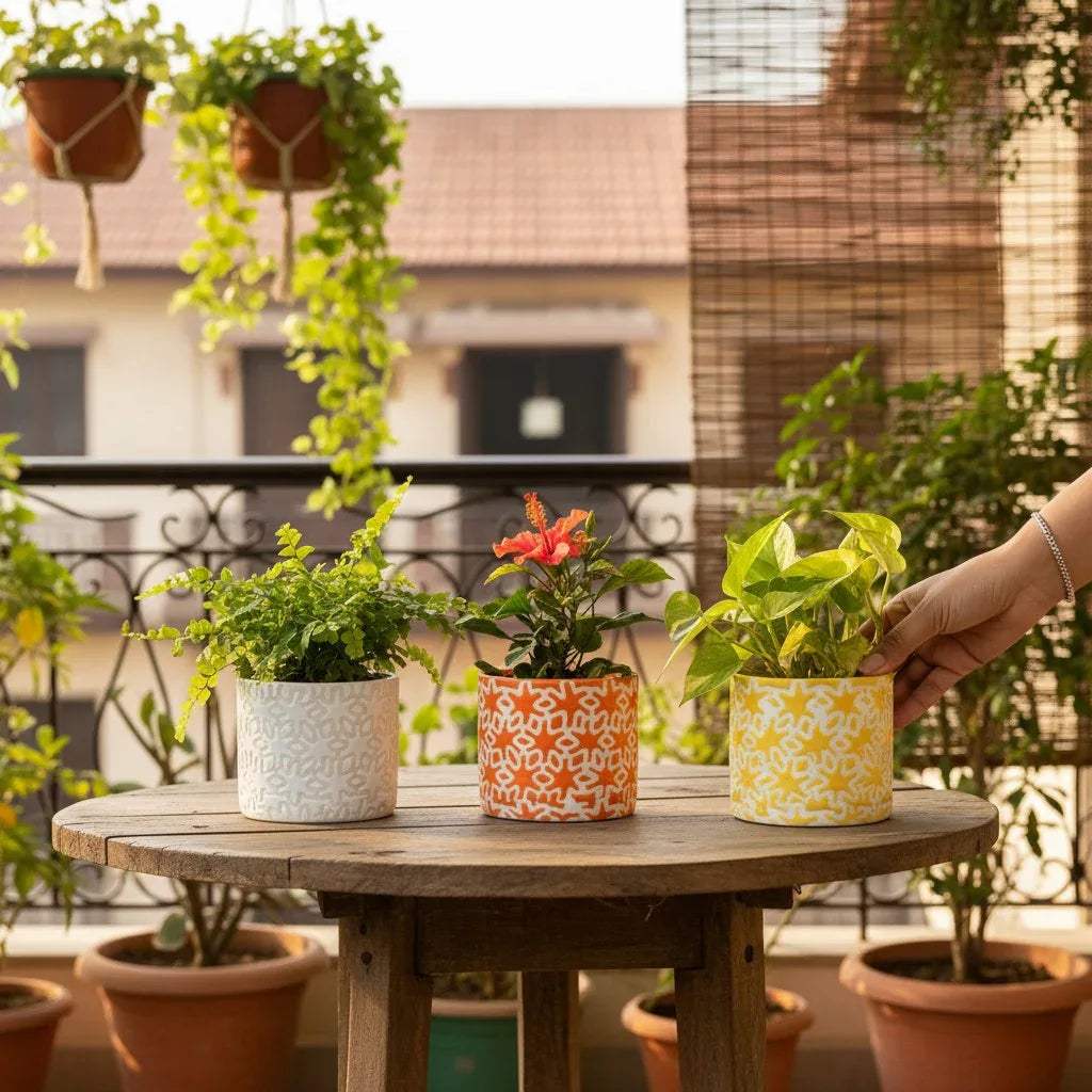 Urban garden retreat; set of three colorful planters on a balcony ledge with hanging plants in the background.