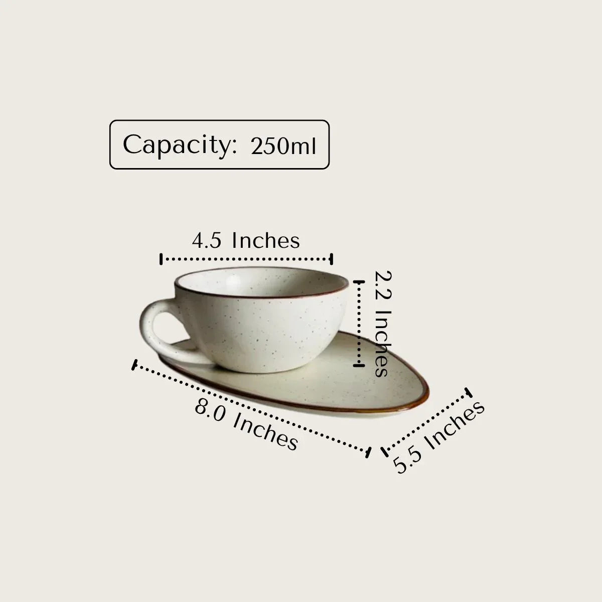 Ceramic cup and saucer with dimensions and capacity