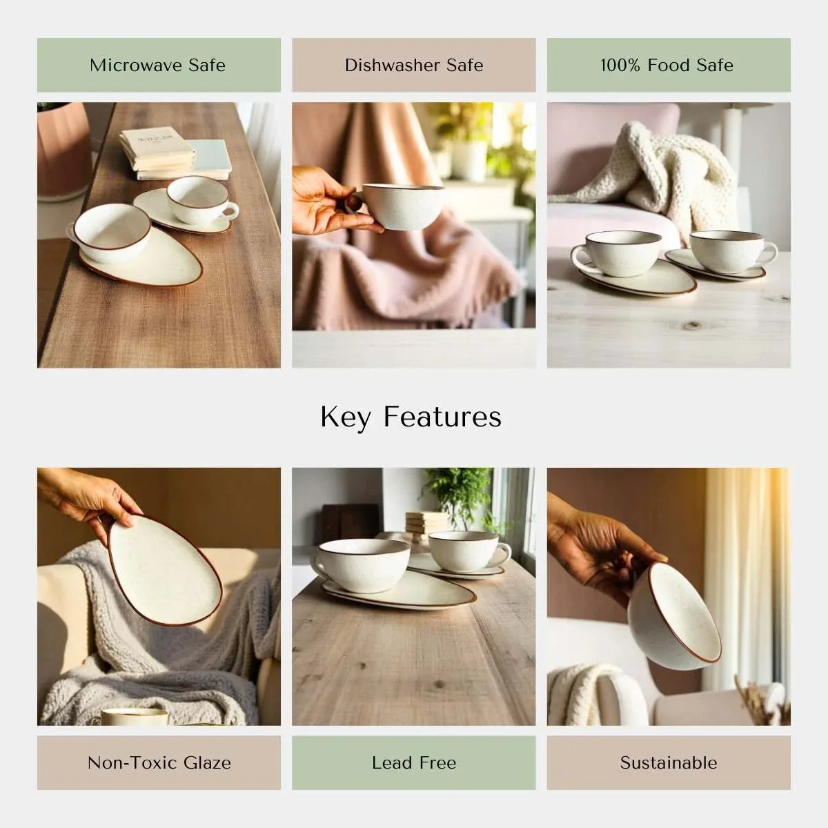 Collage showcasing the features of the ceramic soup set, including microwave, dishwasher and food safety, non-toxic glaze, lead-free, and sustainability.