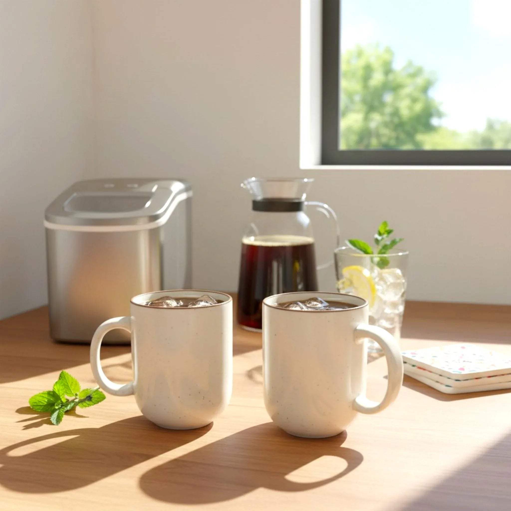 Two aesthetic cream coffee mugs in a sunlit kitchen; 280ml artisanal ceramic set for slow morning rituals.