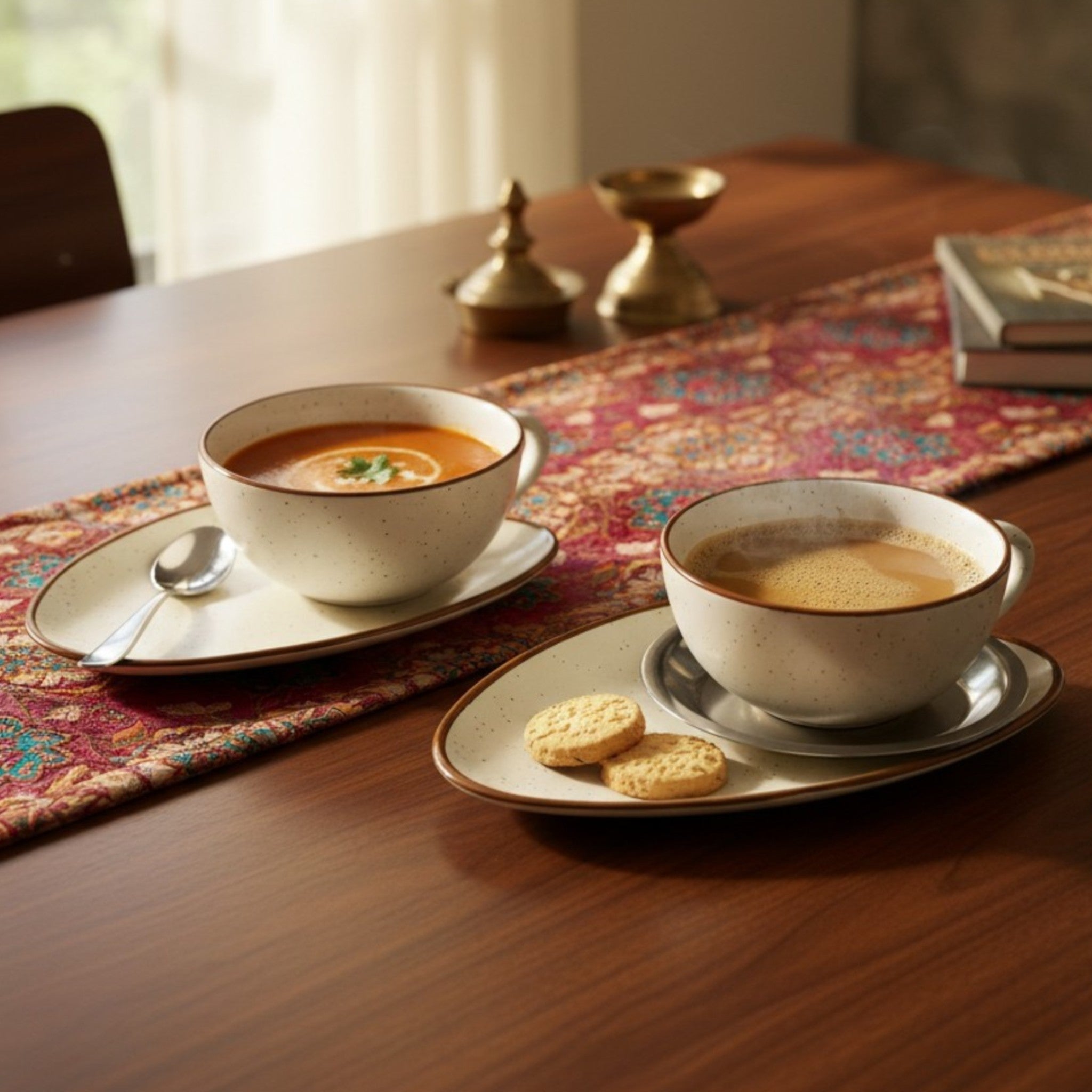 Modern Indian Household; Soup and coffee served in a white cup with saucer with a brown rim.