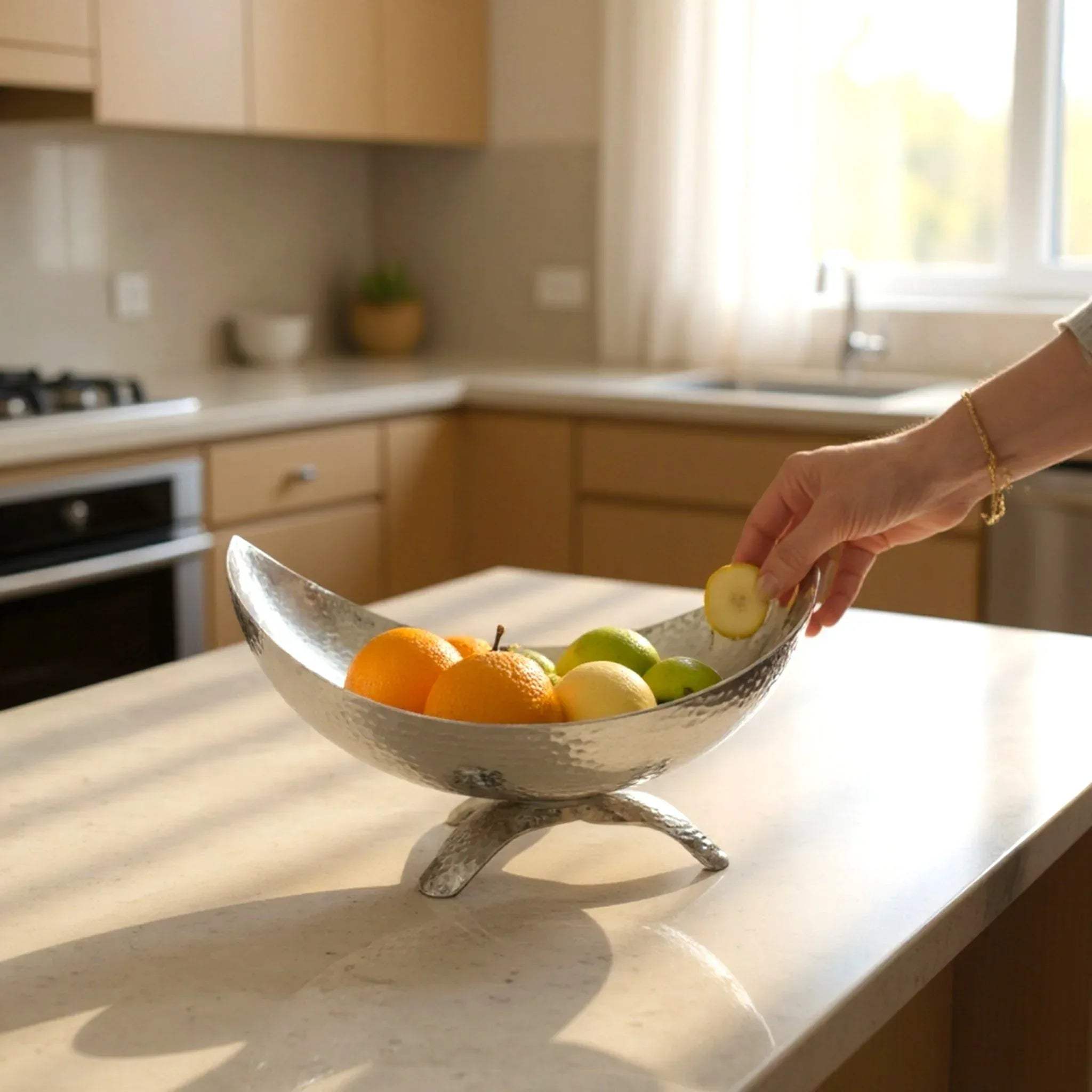 Crescent Harmony Small Bowl with fruits; Pinterest-worthykitchen styling and minimalist interior design.