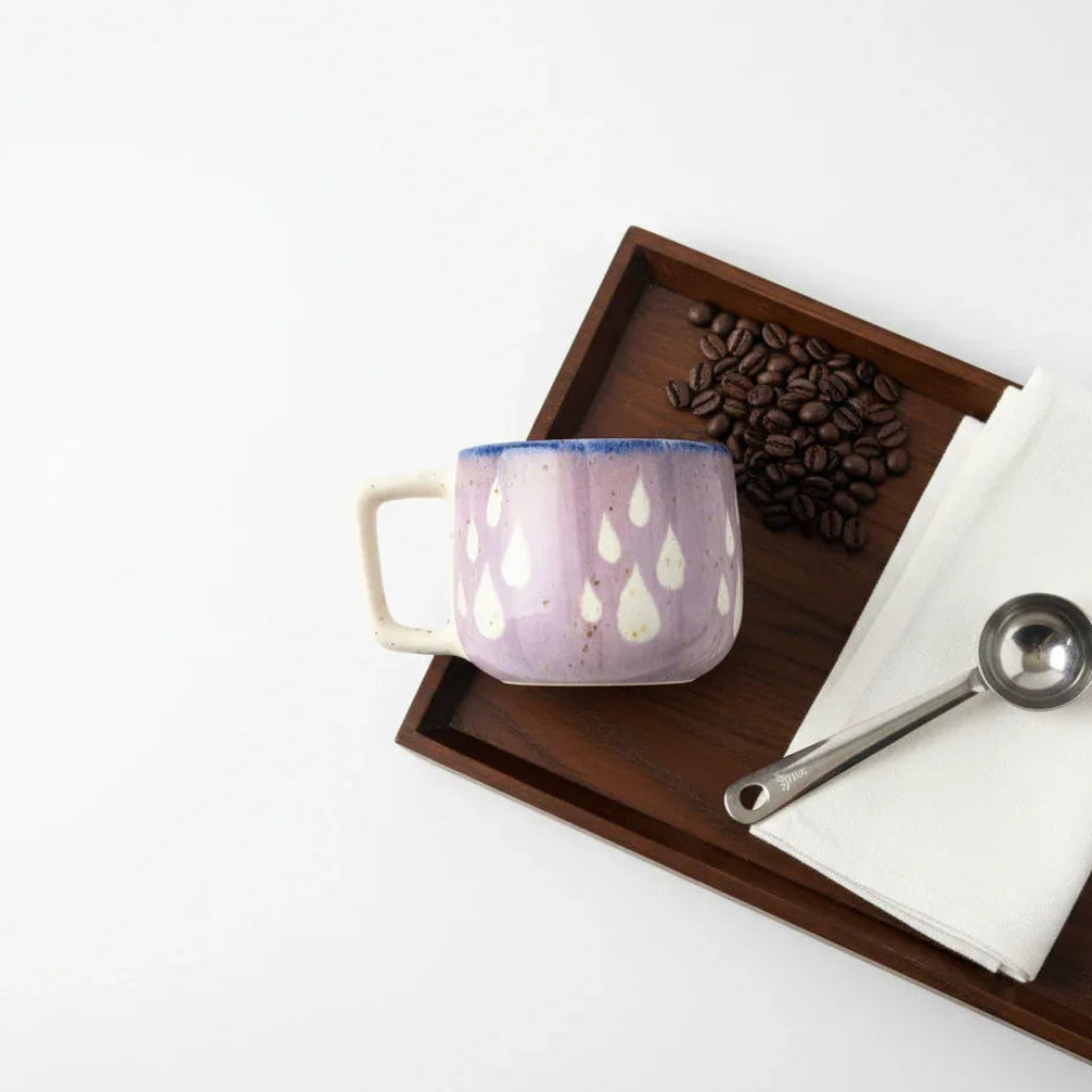 Amethyst purple Dewdrop Mug; handcrafted ceramic coffee mug with a matte dewdrop glaze and ergonomic handle.