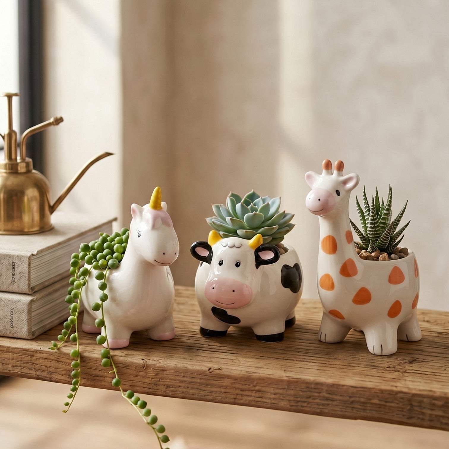 Three animal-shaped planters with succulents on a wooden surface perfect for gifting.