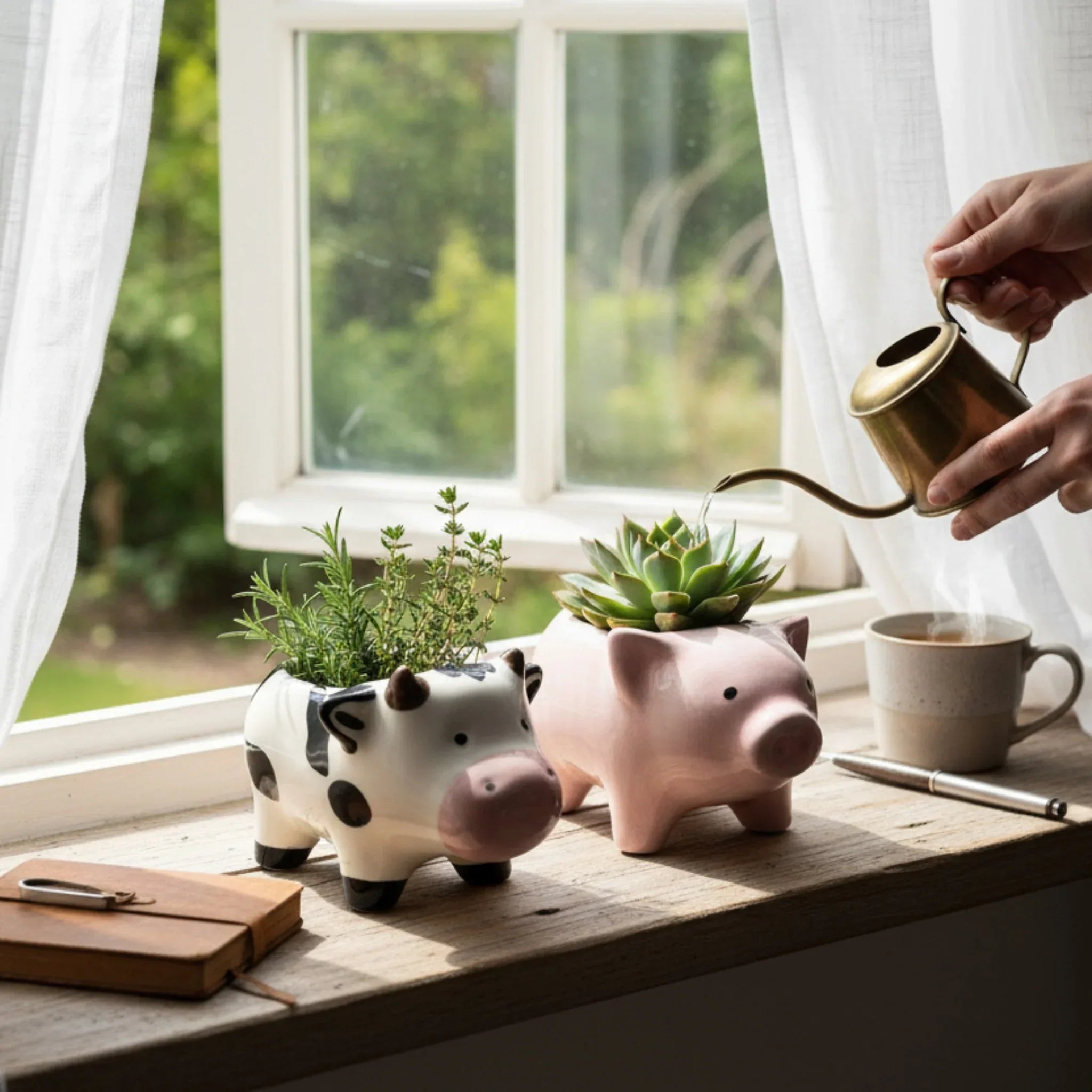 Barnyard Buddies Planters housing small succulents on a sun-drenched window sill - cozy feel.