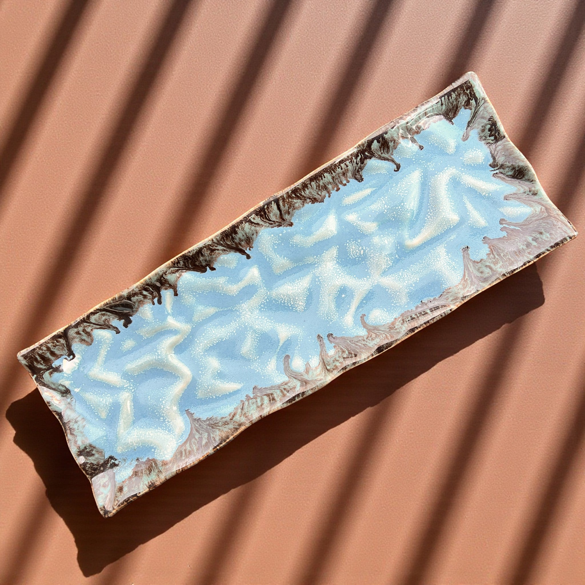 Aqua Wave Platter by Rustic Stone, organic-shaped blue ceramic serving tray