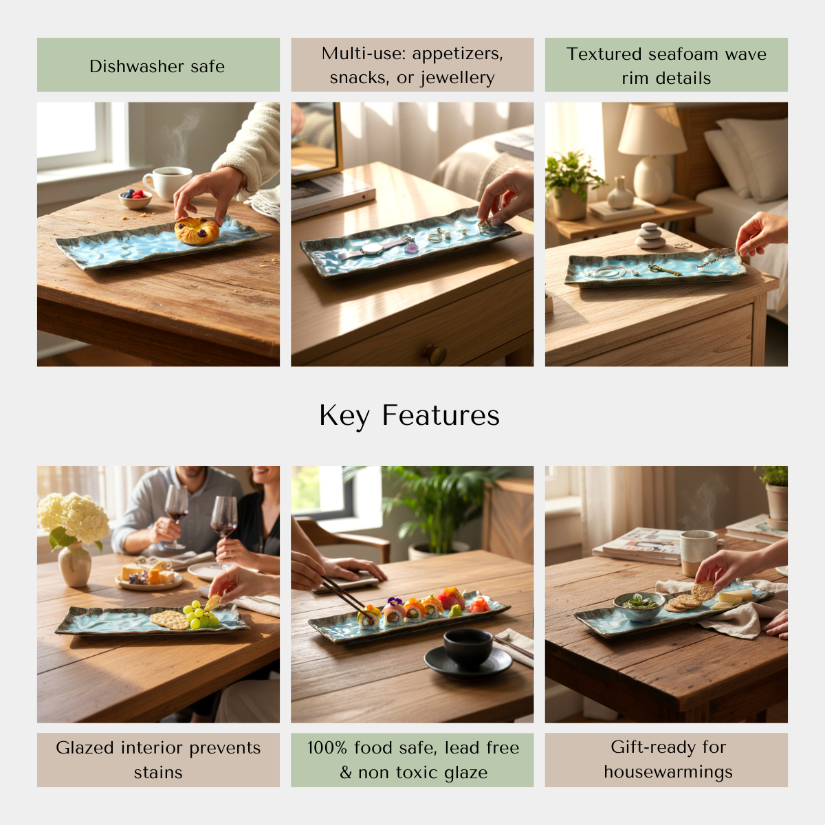 Collage of a ceramic tray highlighting key features like dishwasher and food safe
