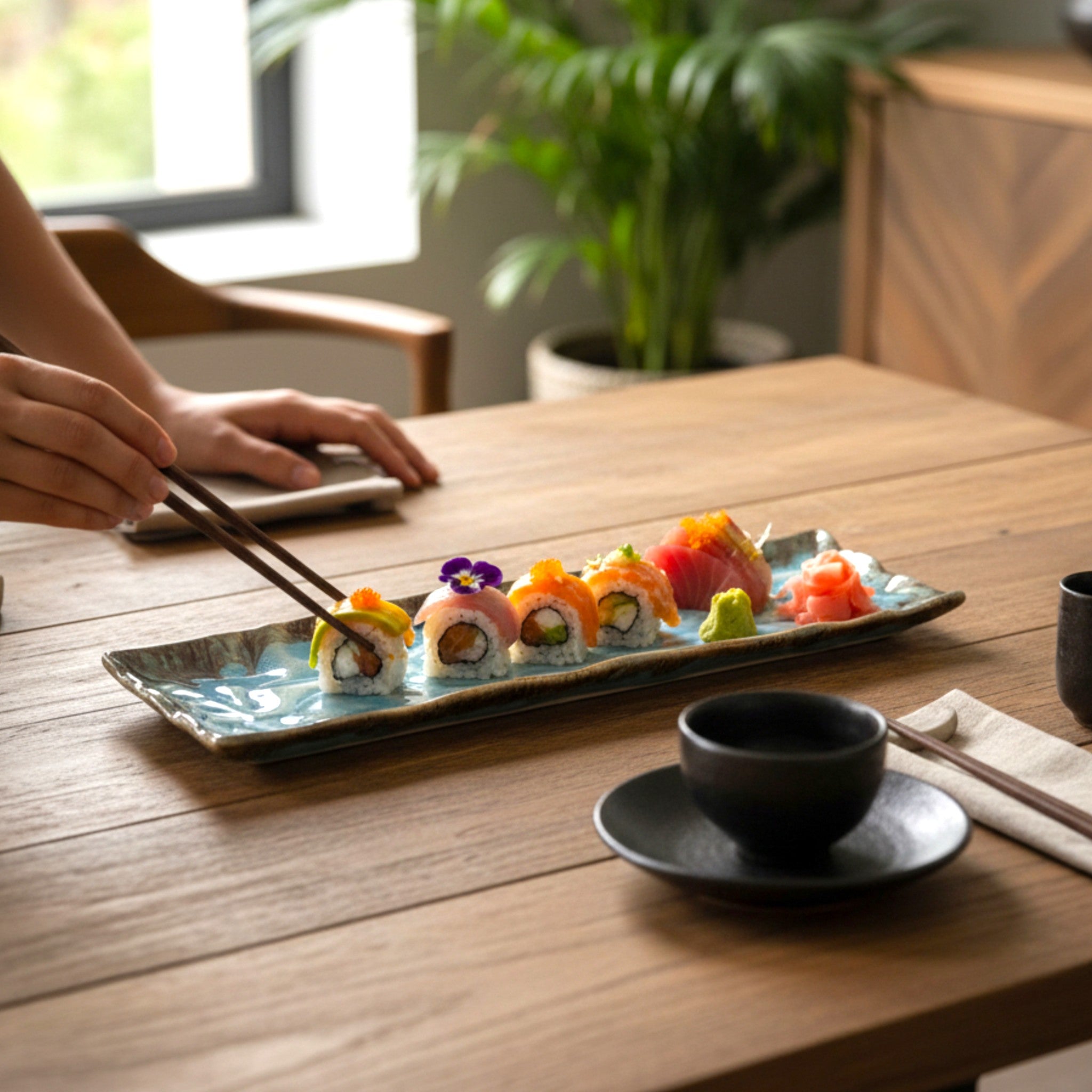 person using chopsticks to pick up sushi from a artisanal handcrafted platter.