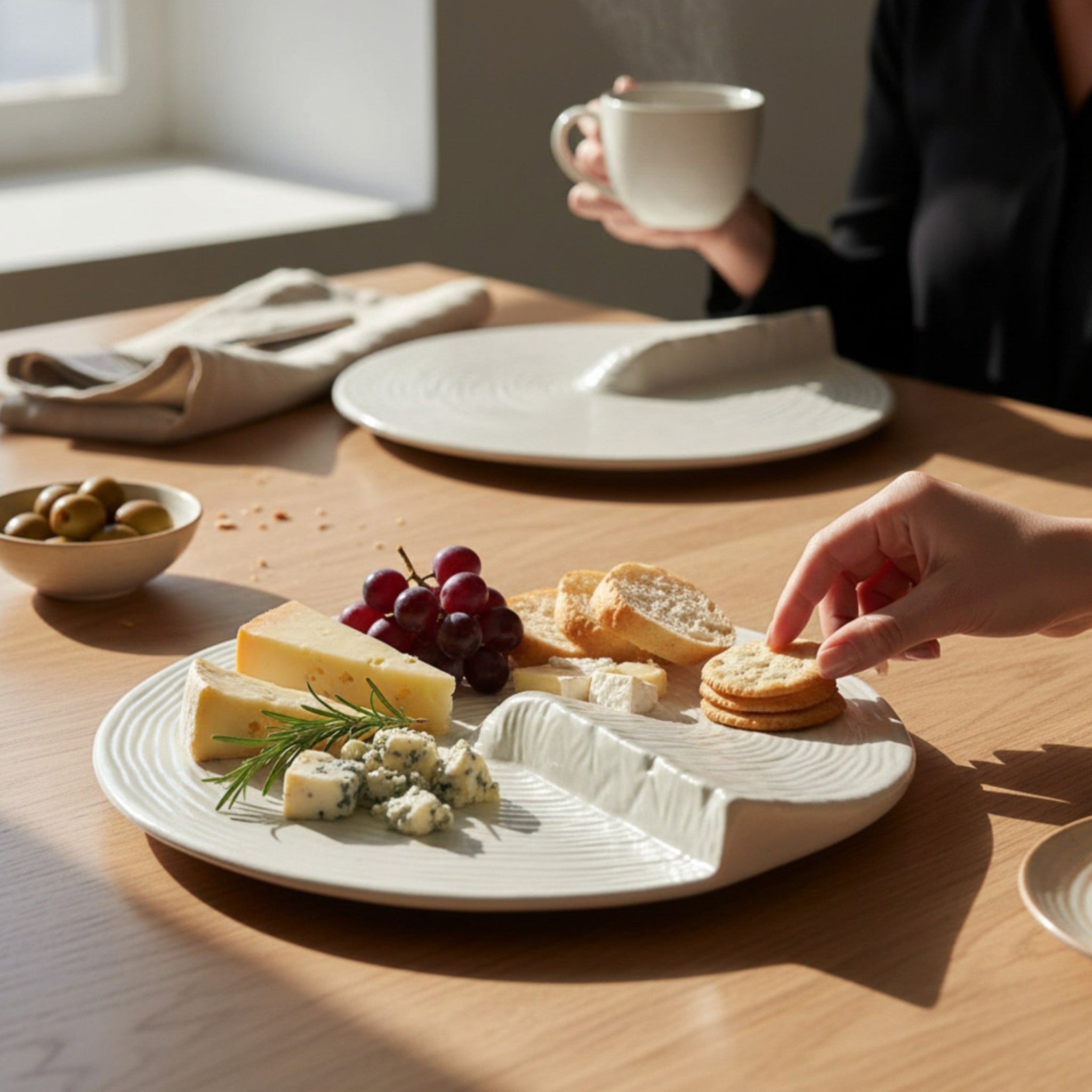 Rustic Stone Arctic White Crest Plate, minimalist white ceramic platter with textured rim.