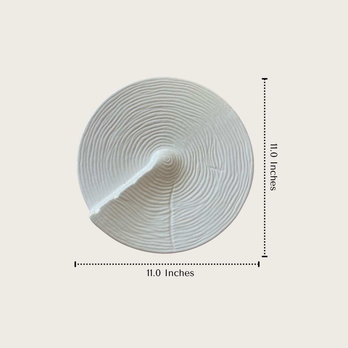 White ceramic textured plate with dimensions