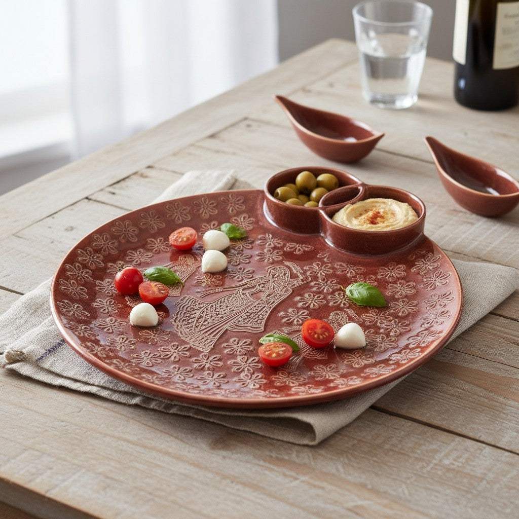 An elegant traditional ceramic hosting tray filled with cheese and dips styled as a premium wedding or housewarming gift.