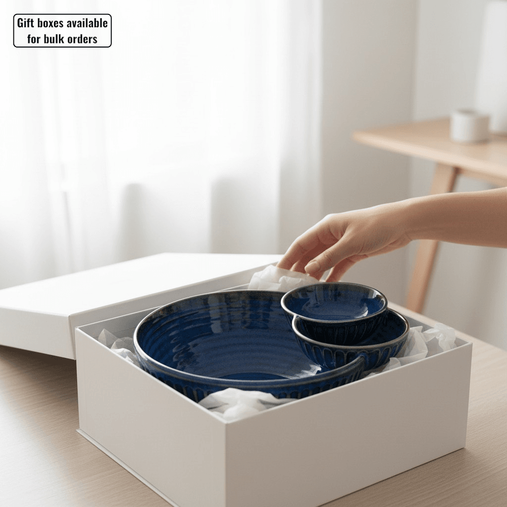 The premium handcrafted Navy Ridge double dip serving bowl presented as a luxury wedding or housewarming gift.
