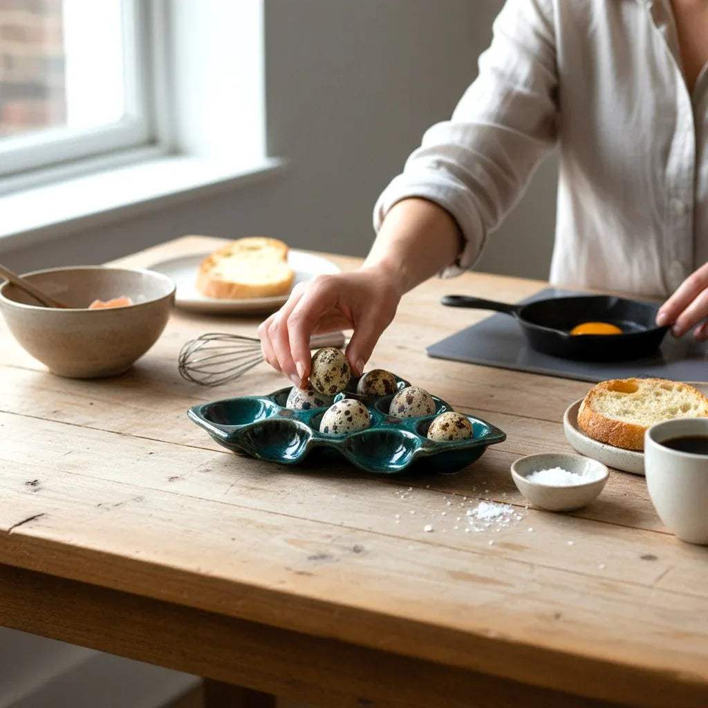 Brunch serving setup; handcrafted blue ceramic tray used for displaying deviled eggs at a party.
