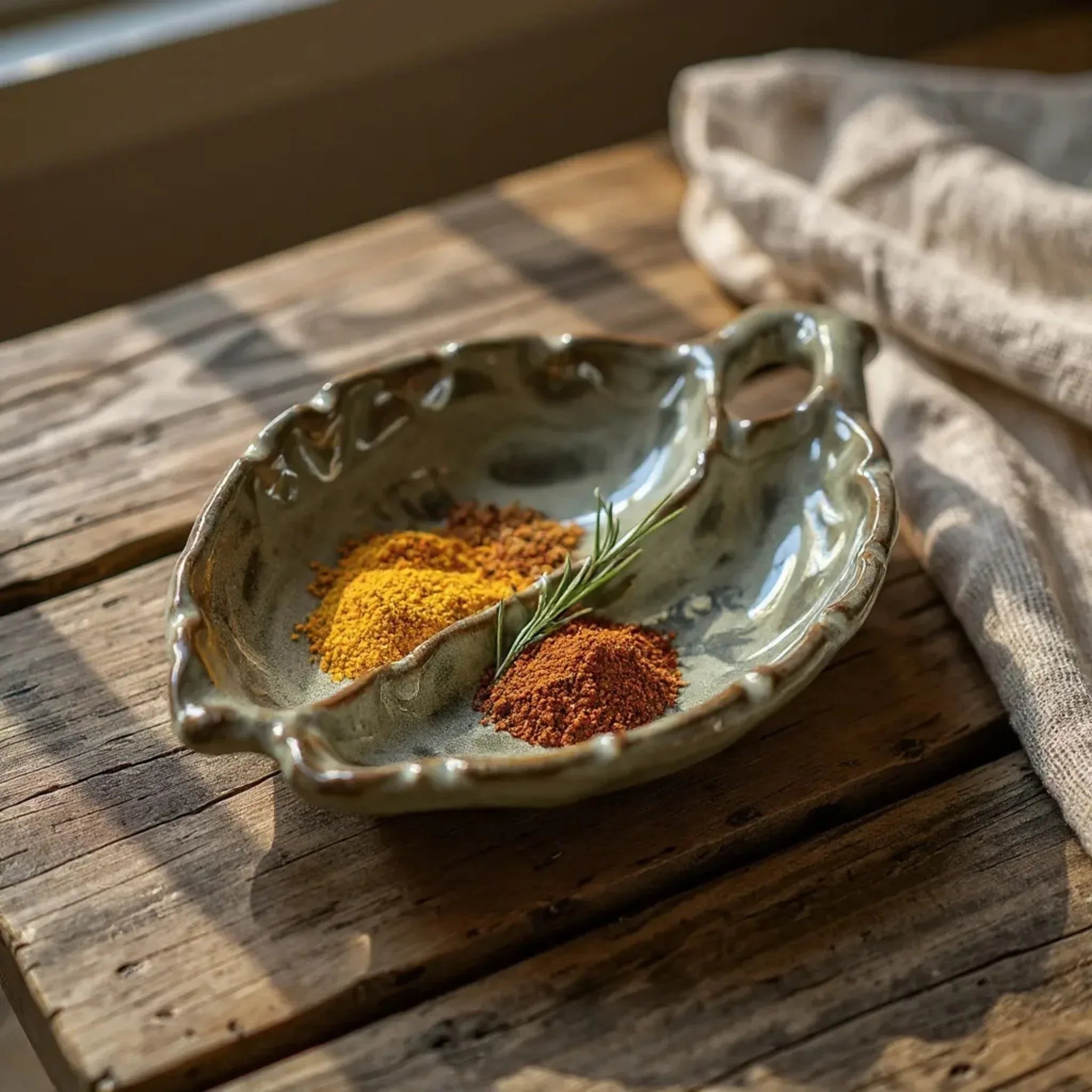 Dining table accent; the trays used as mini condiment servers for haldi and cayenne or artisanal seeds.