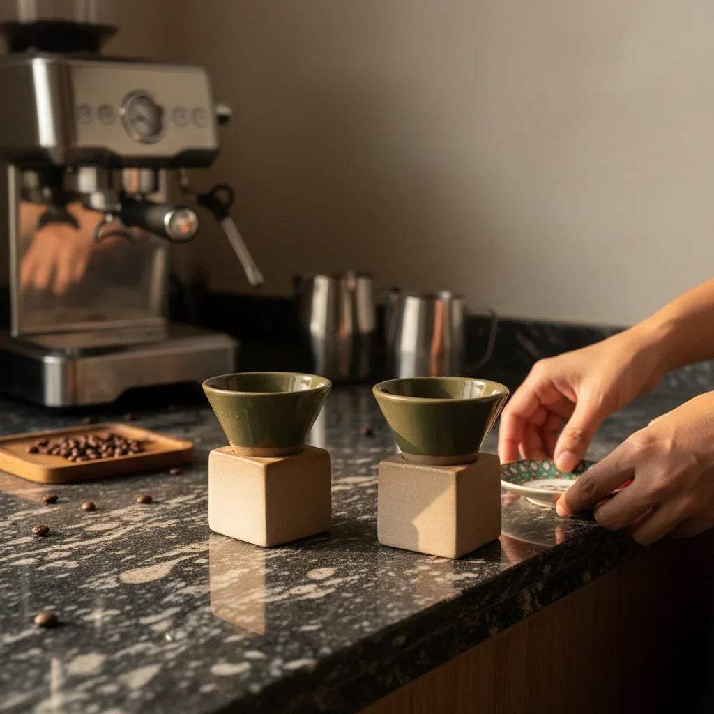 Aesthetic coffee setup; green conical cups on a wooden tray with coffee beans in a modern Indian kitchen setting.