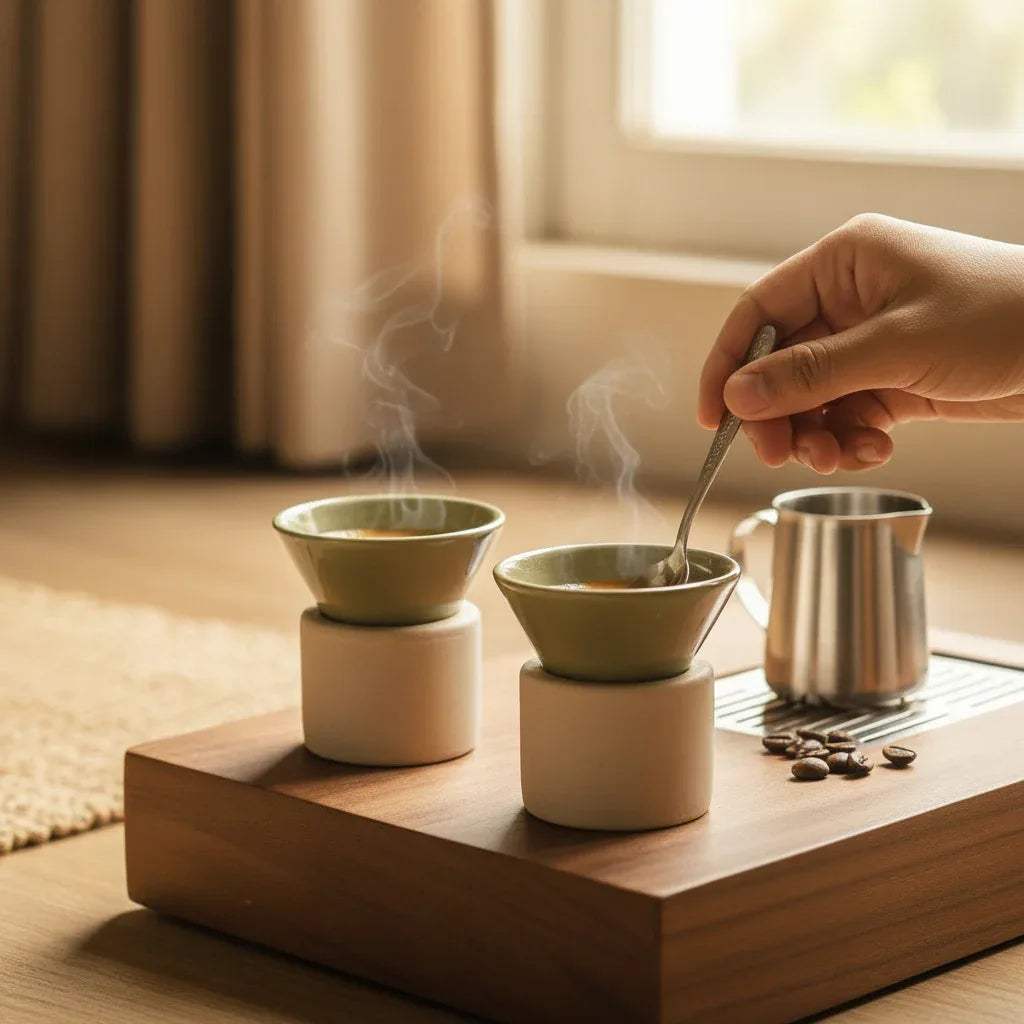 Aesthetic coffee setup; green conical cups on a wooden tray with coffee beans.