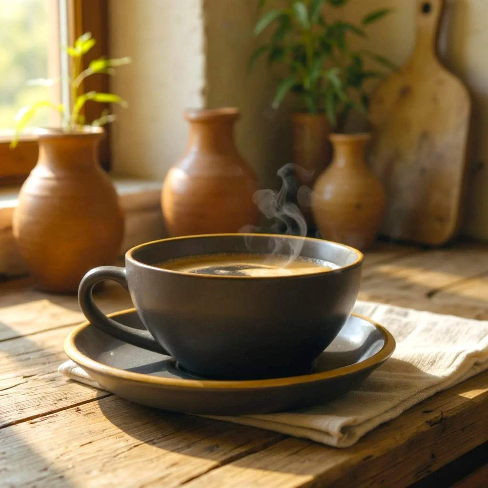 Studio workspace; a single mug sitting on a craft table, blending with natural surroundings.