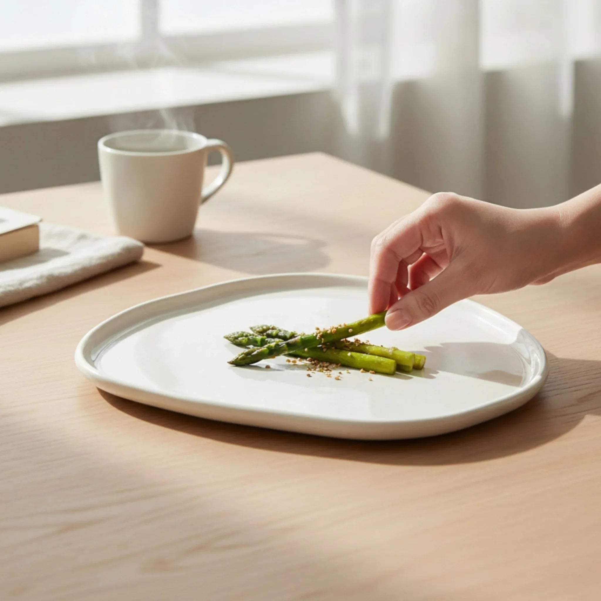 Person arranging asparagus on a white asymmetric ceramic plate with a cup of tea in the background.