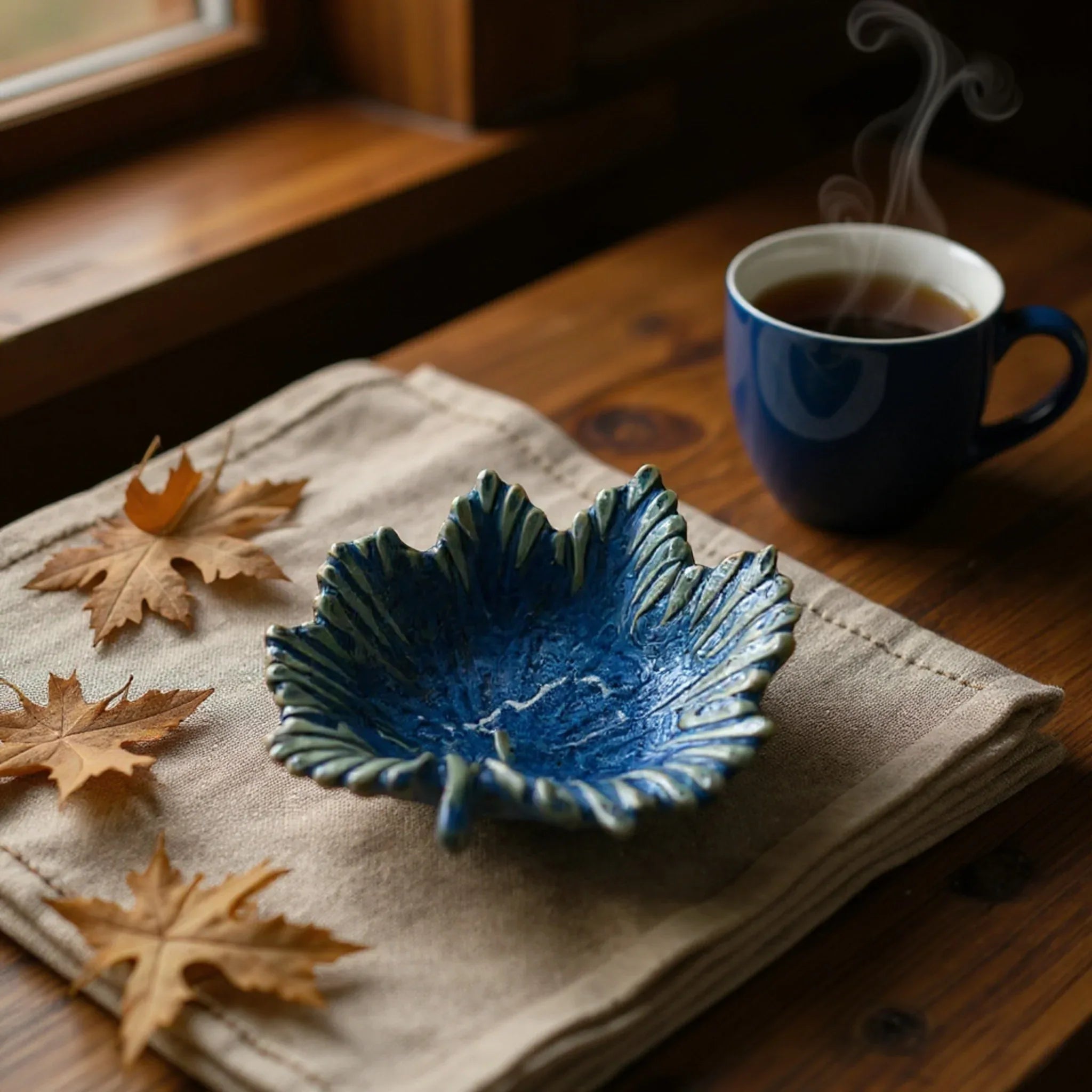 Blue ceramic leaf-shaped dish on a wooden surface with a steaming cup of tea and autumn leaves.