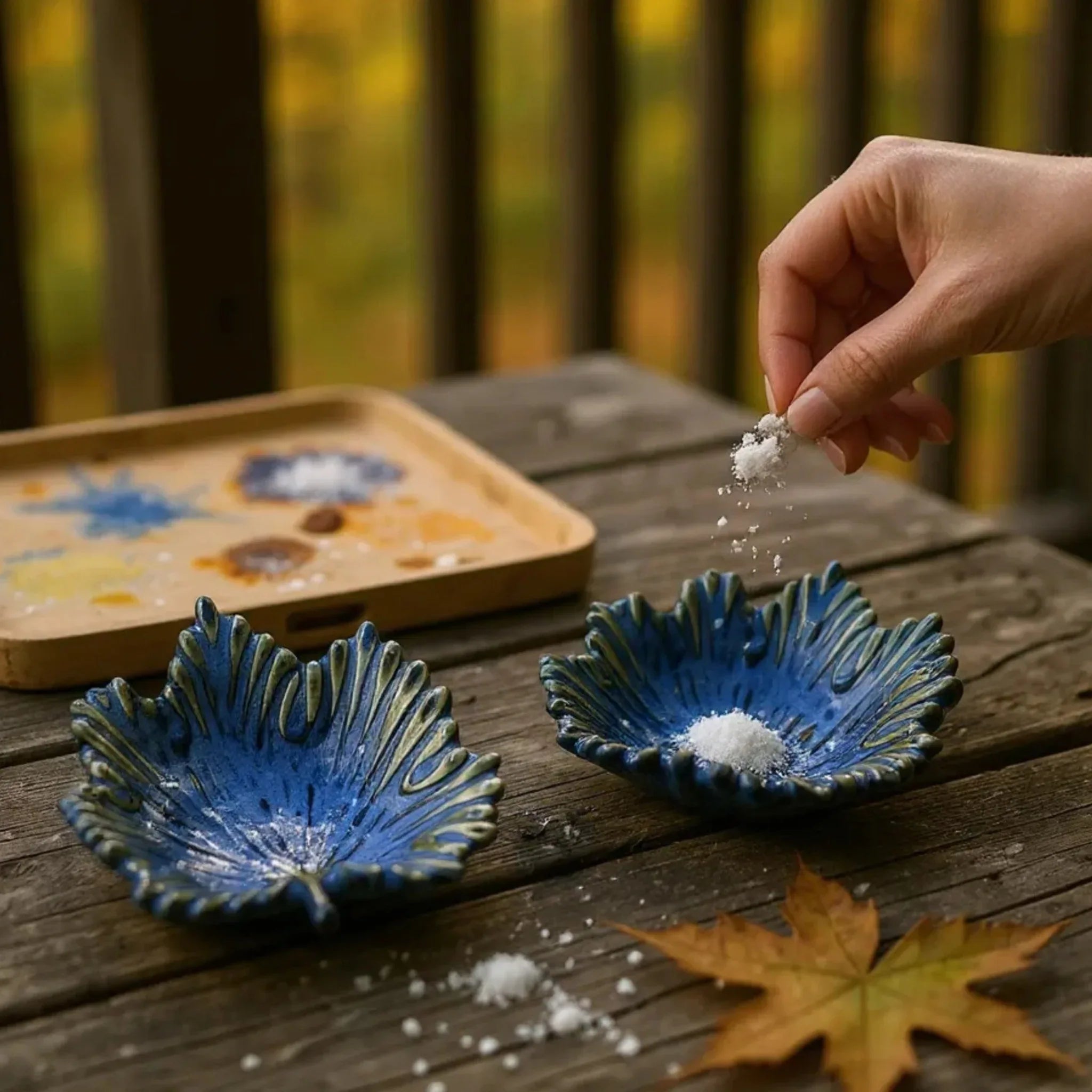 Hand sprinkling salt on a 4.5-inch blue autumn maple leaf ceramic bowl to demonstrate single-serve capacity.