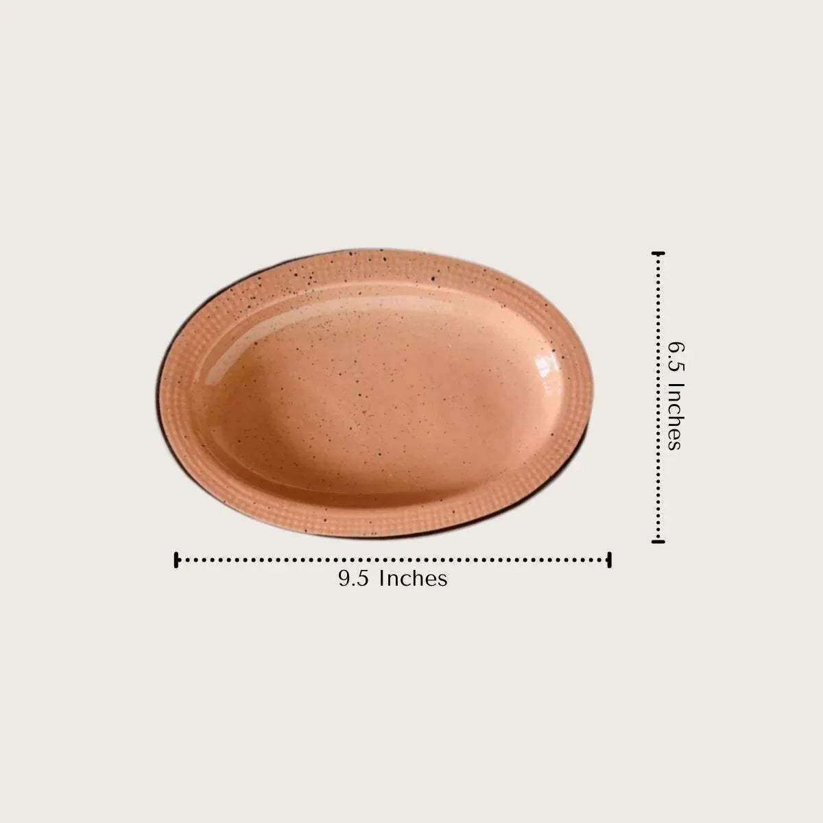 Peach ceramic plate with dimensions.