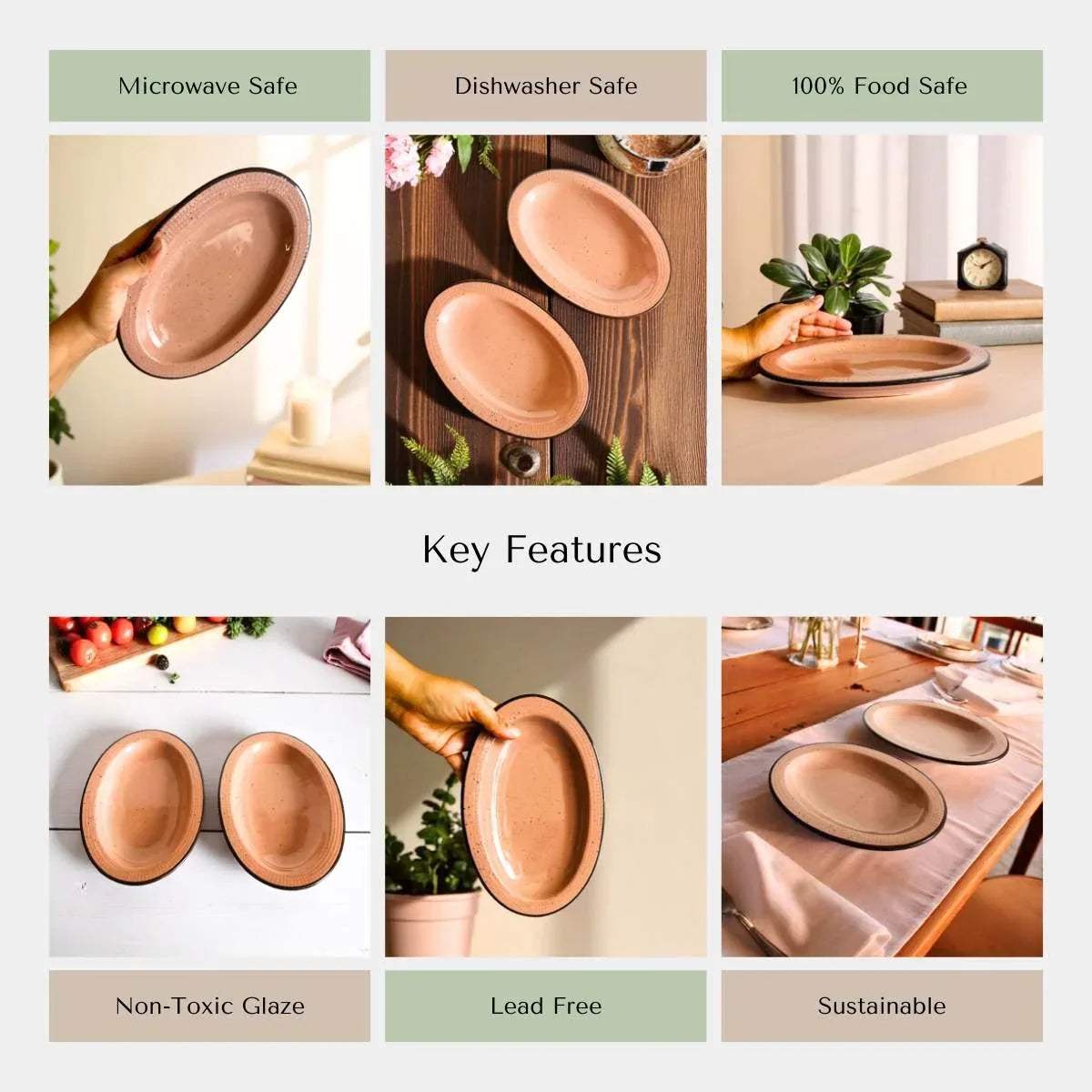 Collage of peach handcrafted ceramic plates showing the key features like microwave and dishwasher safe.