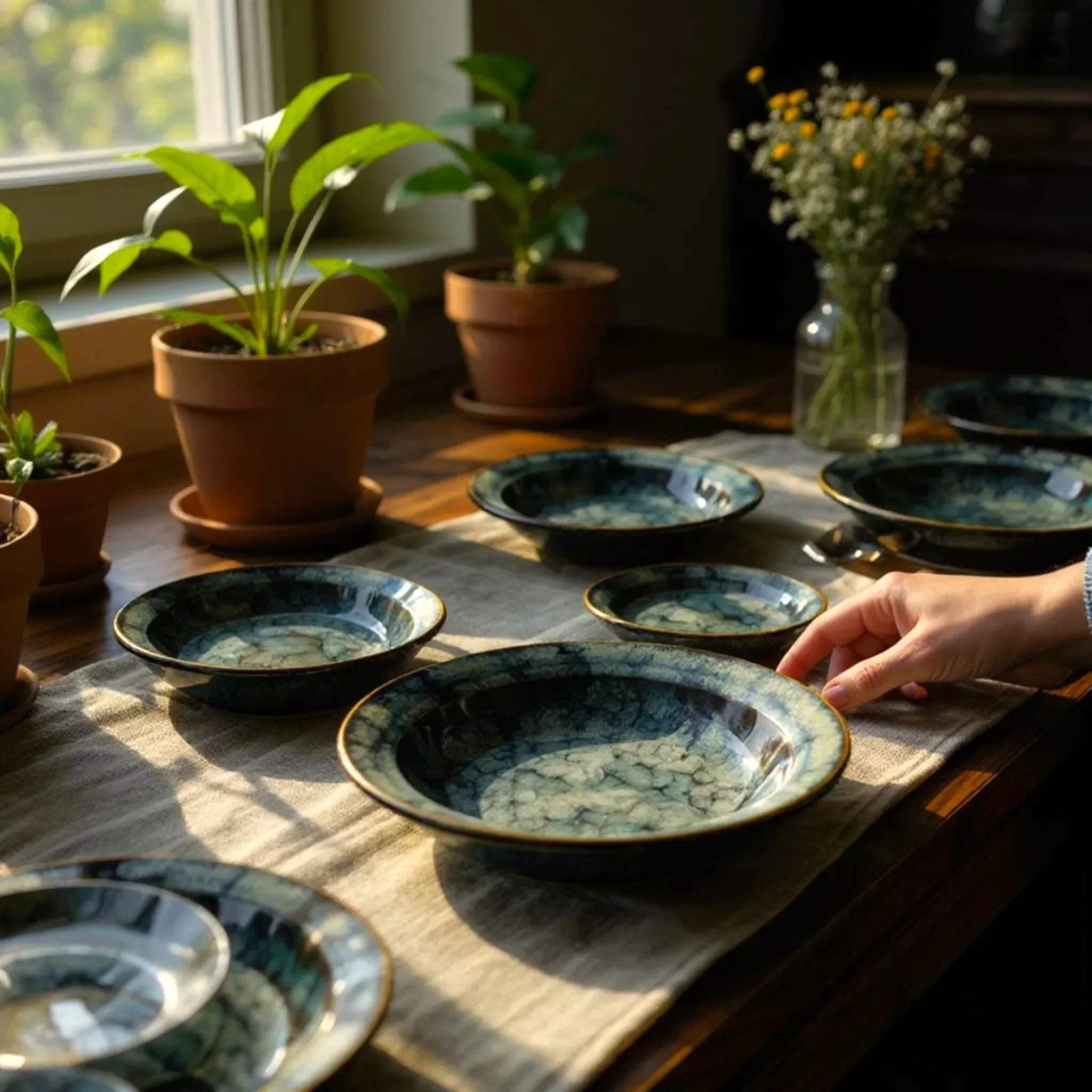 Rustic Stone artisanal ceramic pasta bowls on wooden table, surrounded by potted plants in natural light.