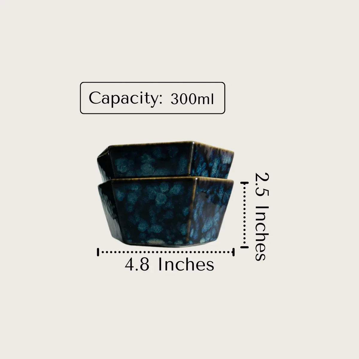 Blue ceramic bowl with measurements.