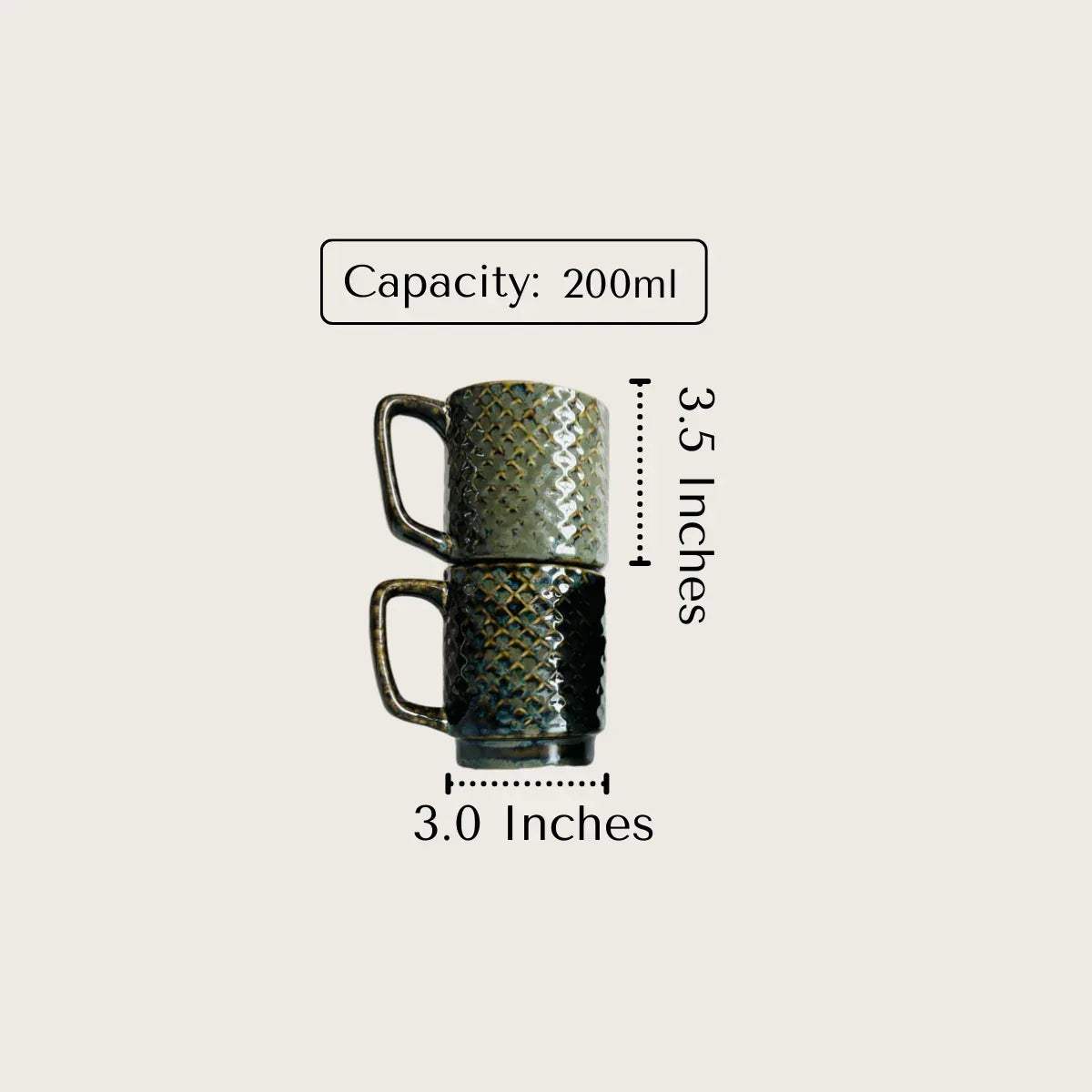 Two green-blue textured stackable mugs with measurements and capacity details.