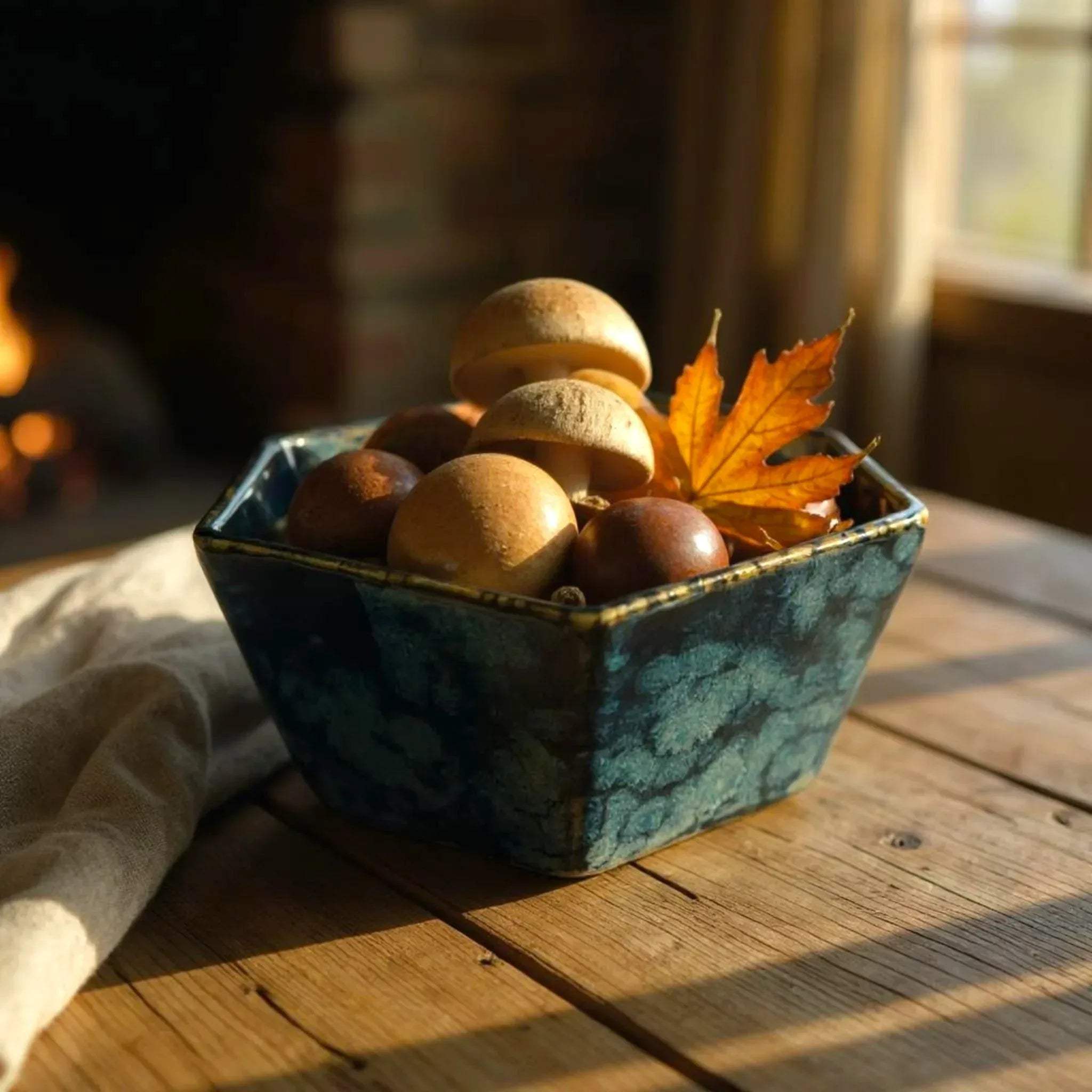 Close-up of the deep azure glaze of the Rustic Stone snack bowl.